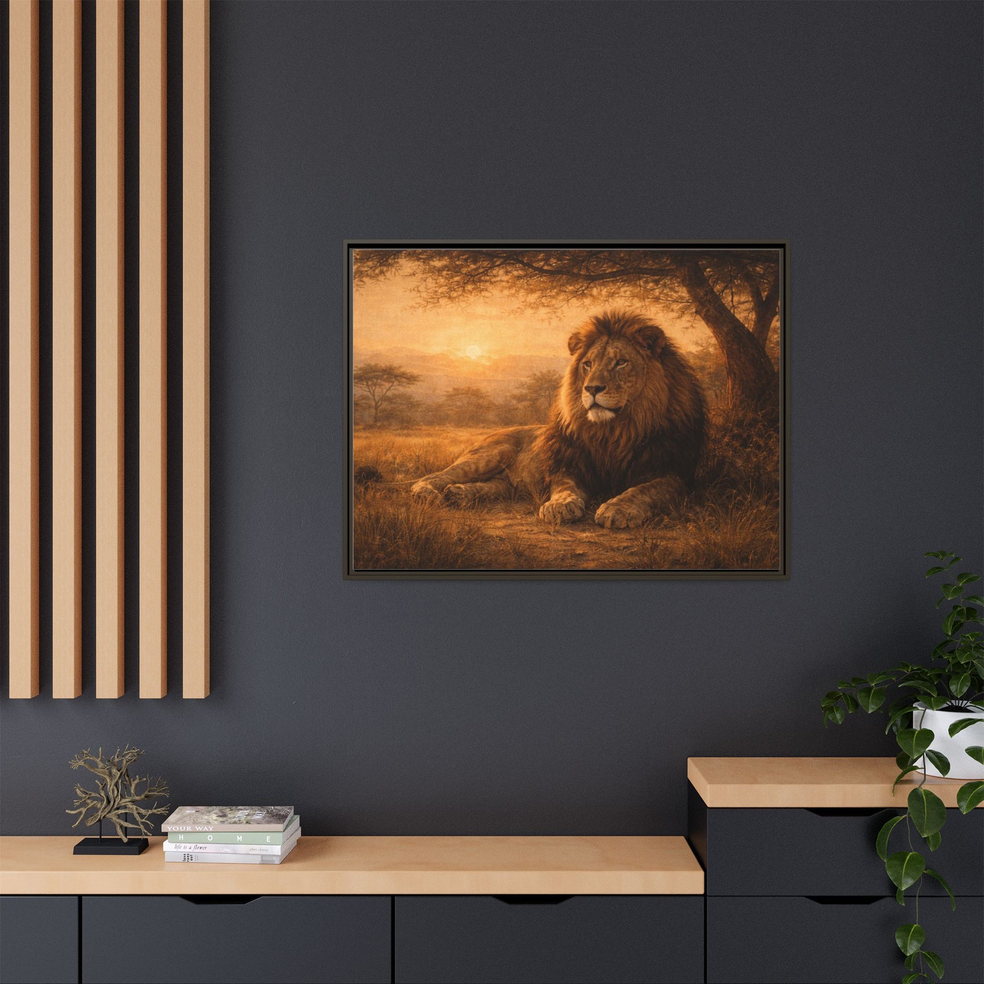 Lion sunset wall art 40x30 framed matte canvas portrait resting under savanna tree at sunset