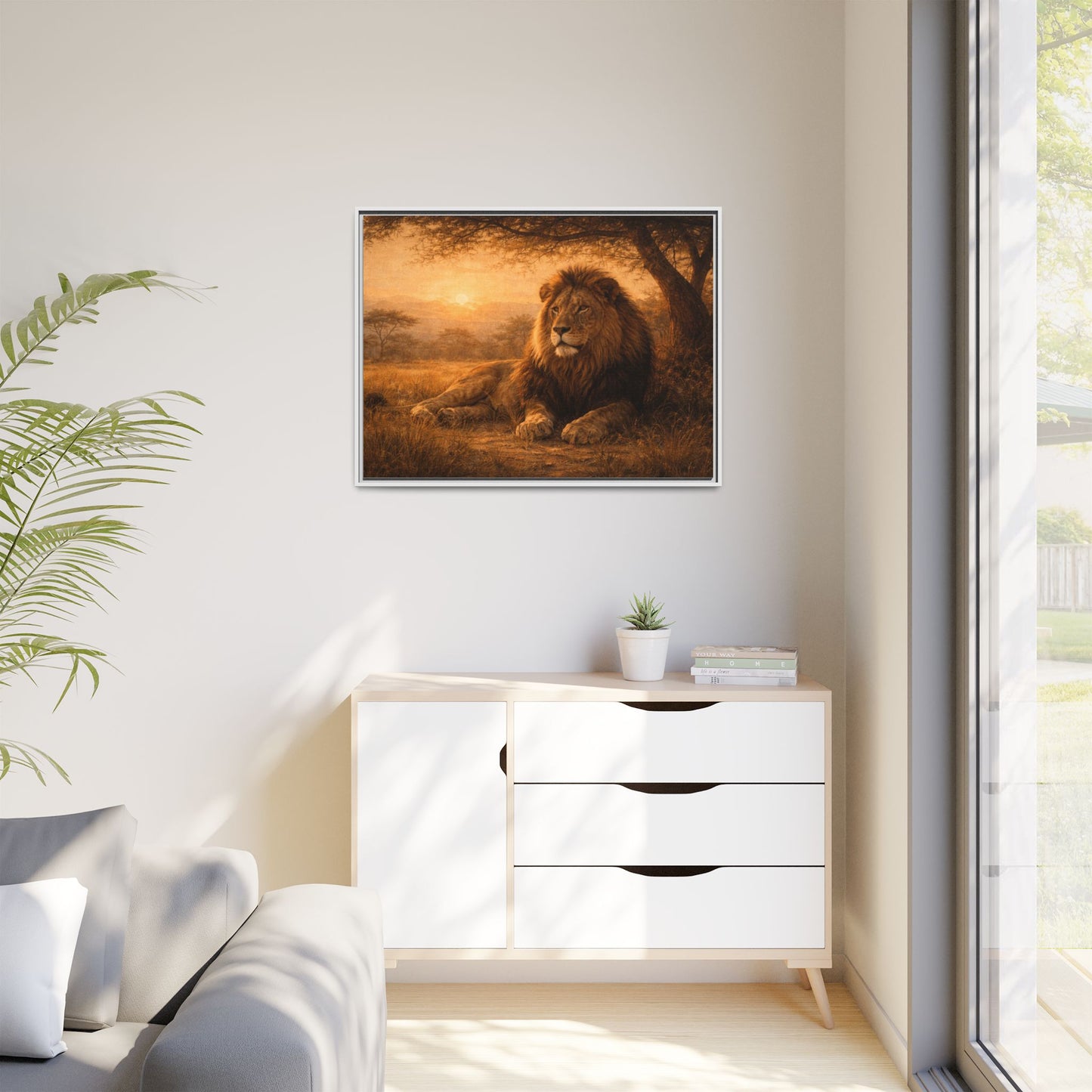 Lion sunset wall art 40x30 framed matte canvas portrait resting under savanna tree at sunset