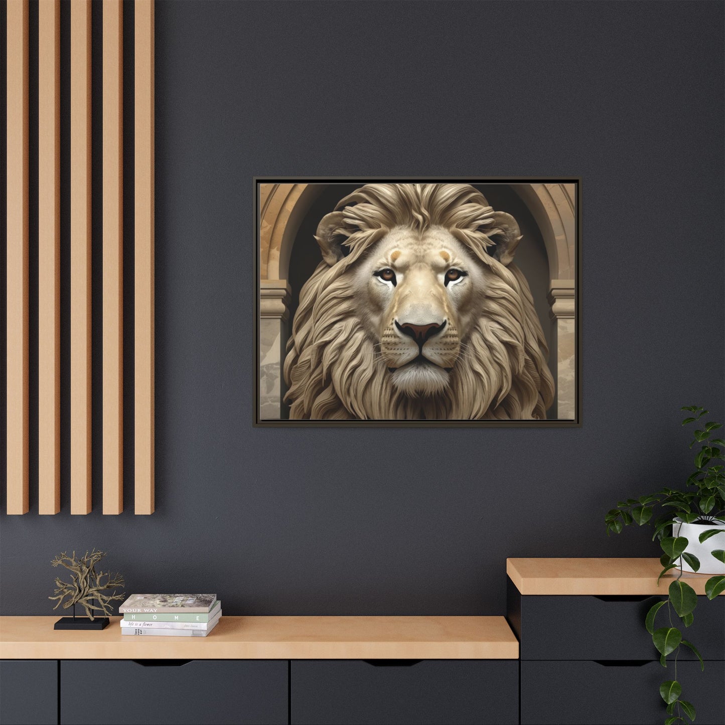 Lion wall art 40x30 framed matte canvas featuring a commanding lion portrait with warm tones and a strong forward gaze in a modern gallery style