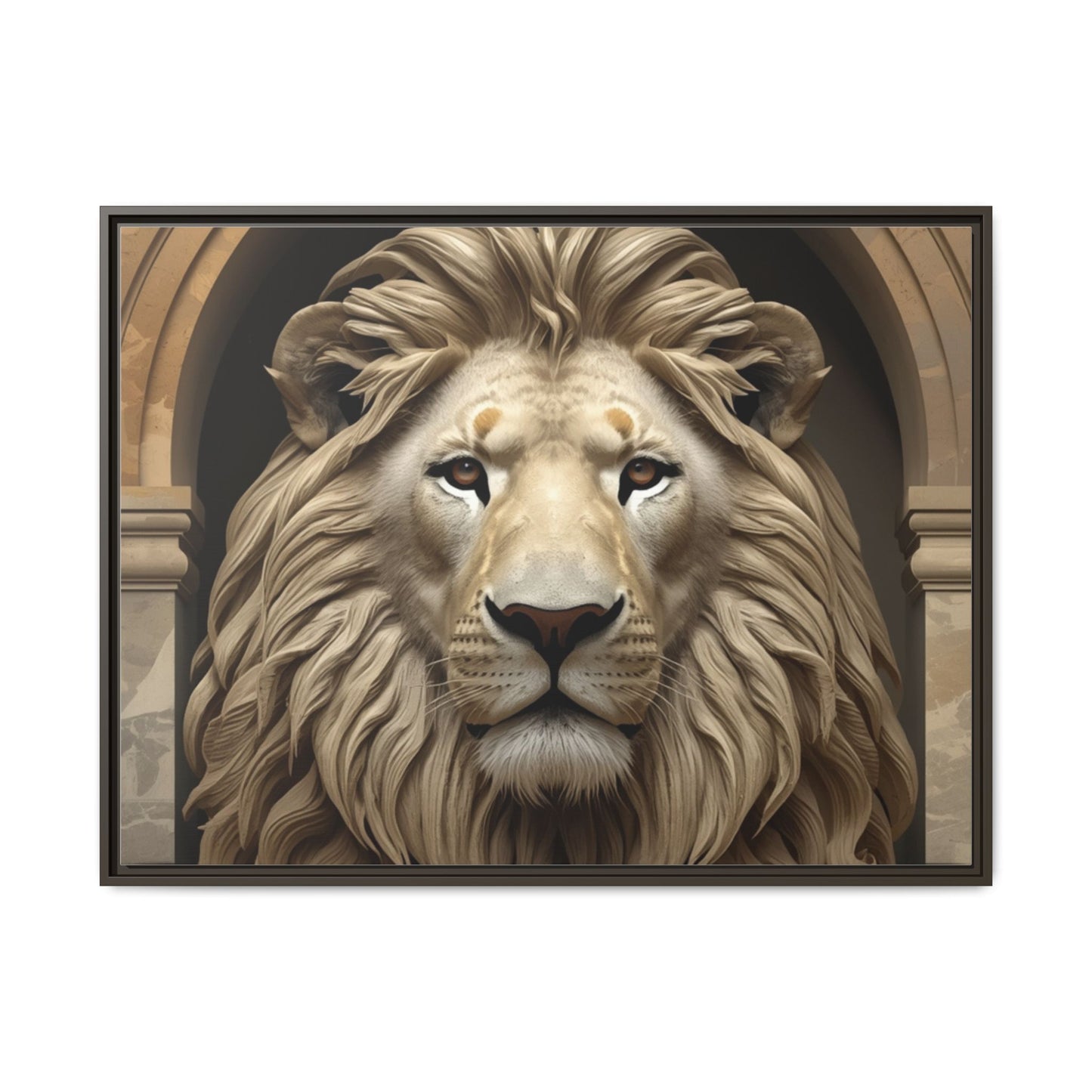 Lion wall art 40x30 framed matte canvas featuring a commanding lion portrait with warm tones and a strong forward gaze in a modern gallery style