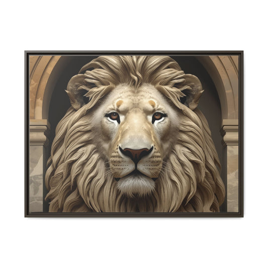 Lion wall art 40x30 framed matte canvas featuring a commanding lion portrait with warm tones and a strong forward gaze in a modern gallery style