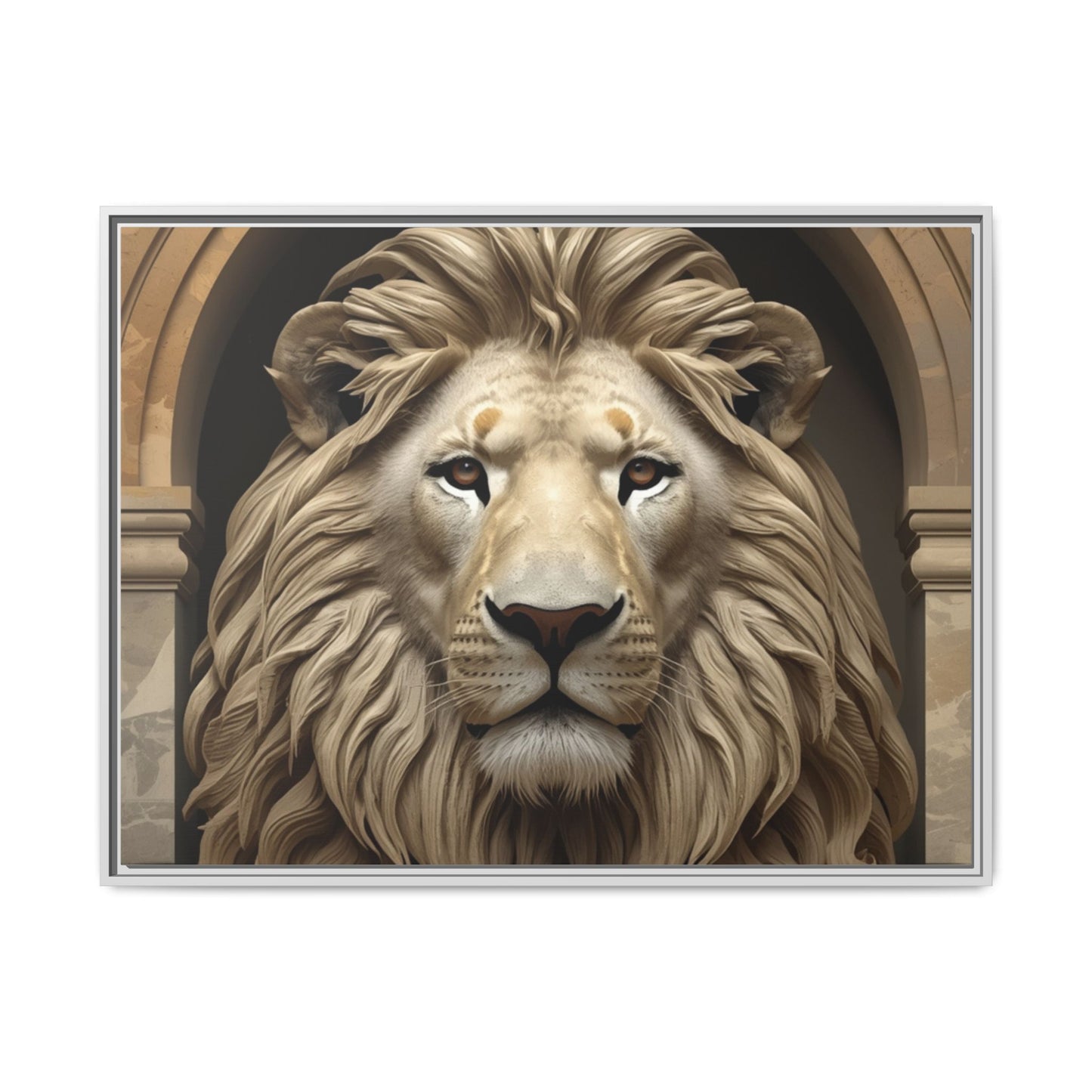 Lion wall art 40x30 framed matte canvas featuring a commanding lion portrait with warm tones and a strong forward gaze in a modern gallery style