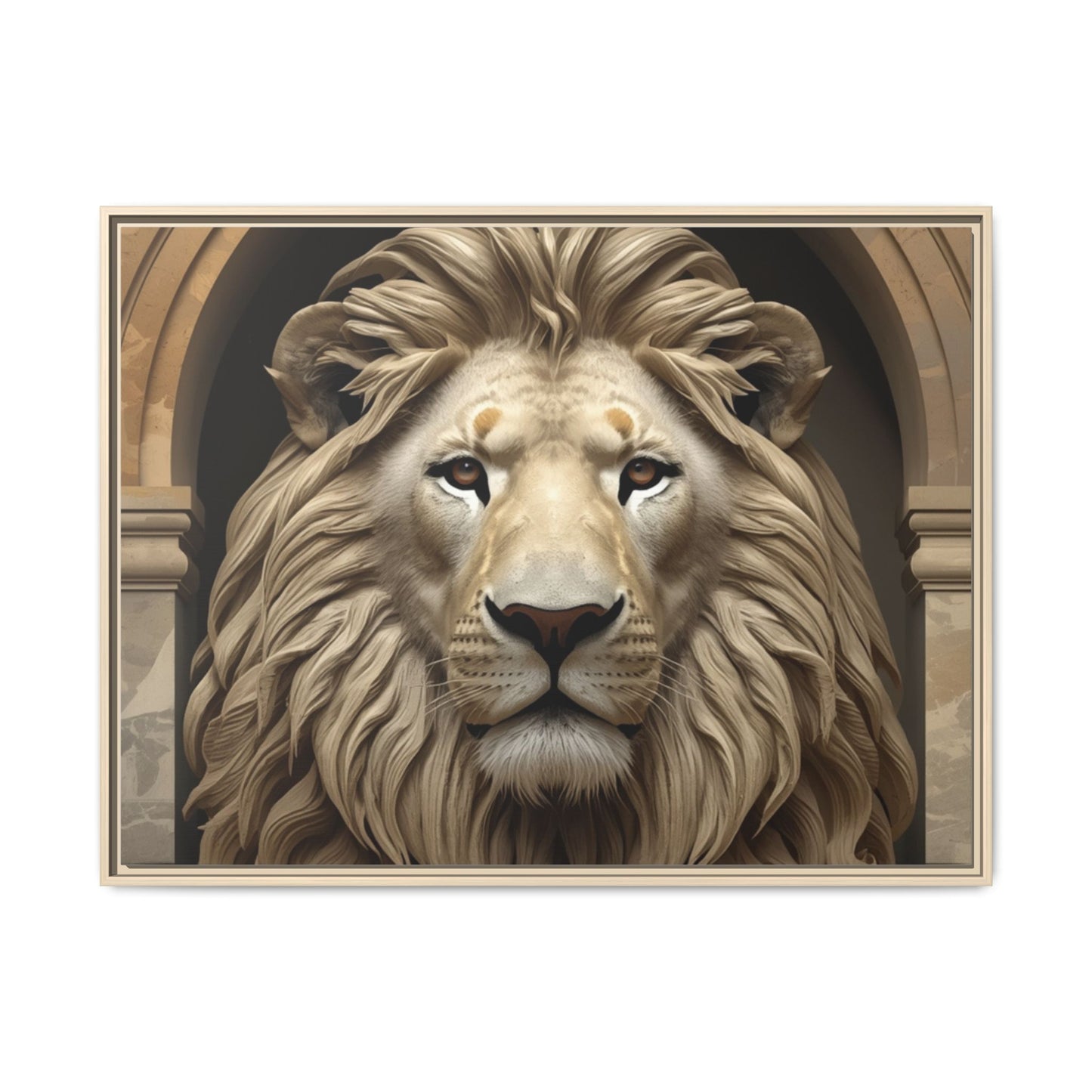 Lion wall art 40x30 framed matte canvas featuring a commanding lion portrait with warm tones and a strong forward gaze in a modern gallery style