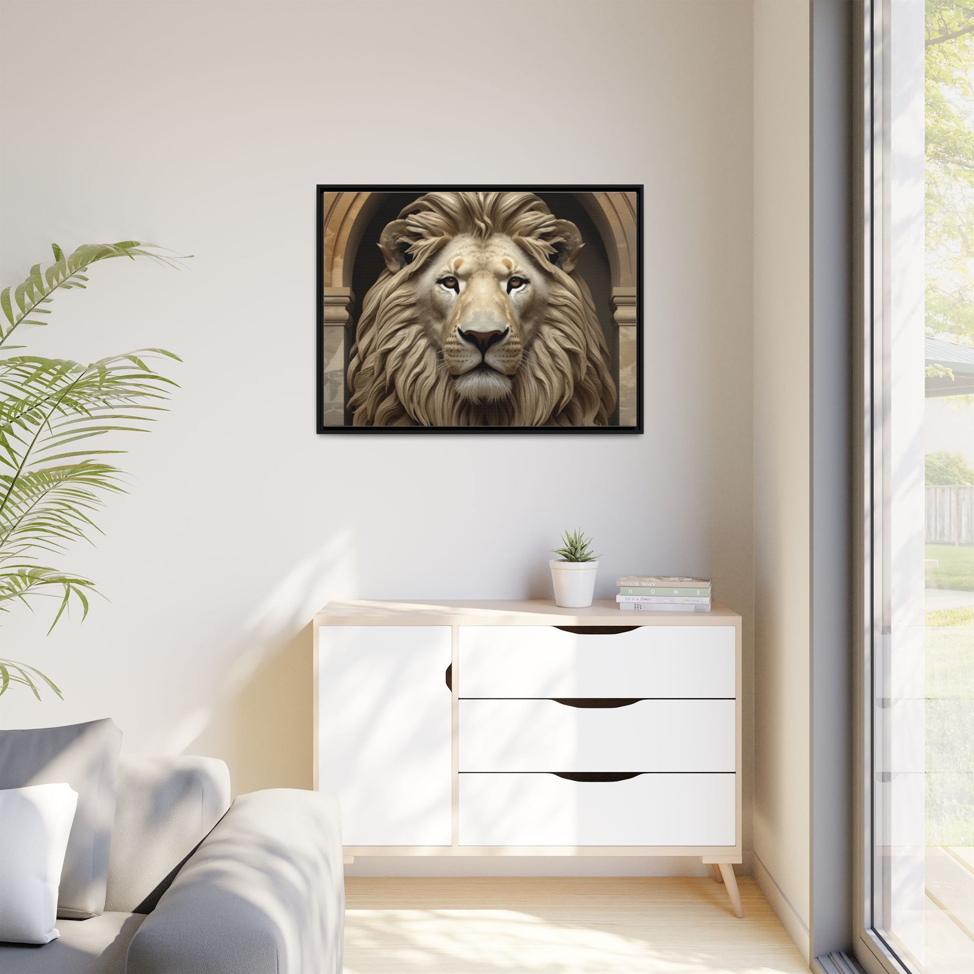 Lion wall art 40x30 framed matte canvas featuring a commanding lion portrait with warm tones and a strong forward gaze in a modern gallery style