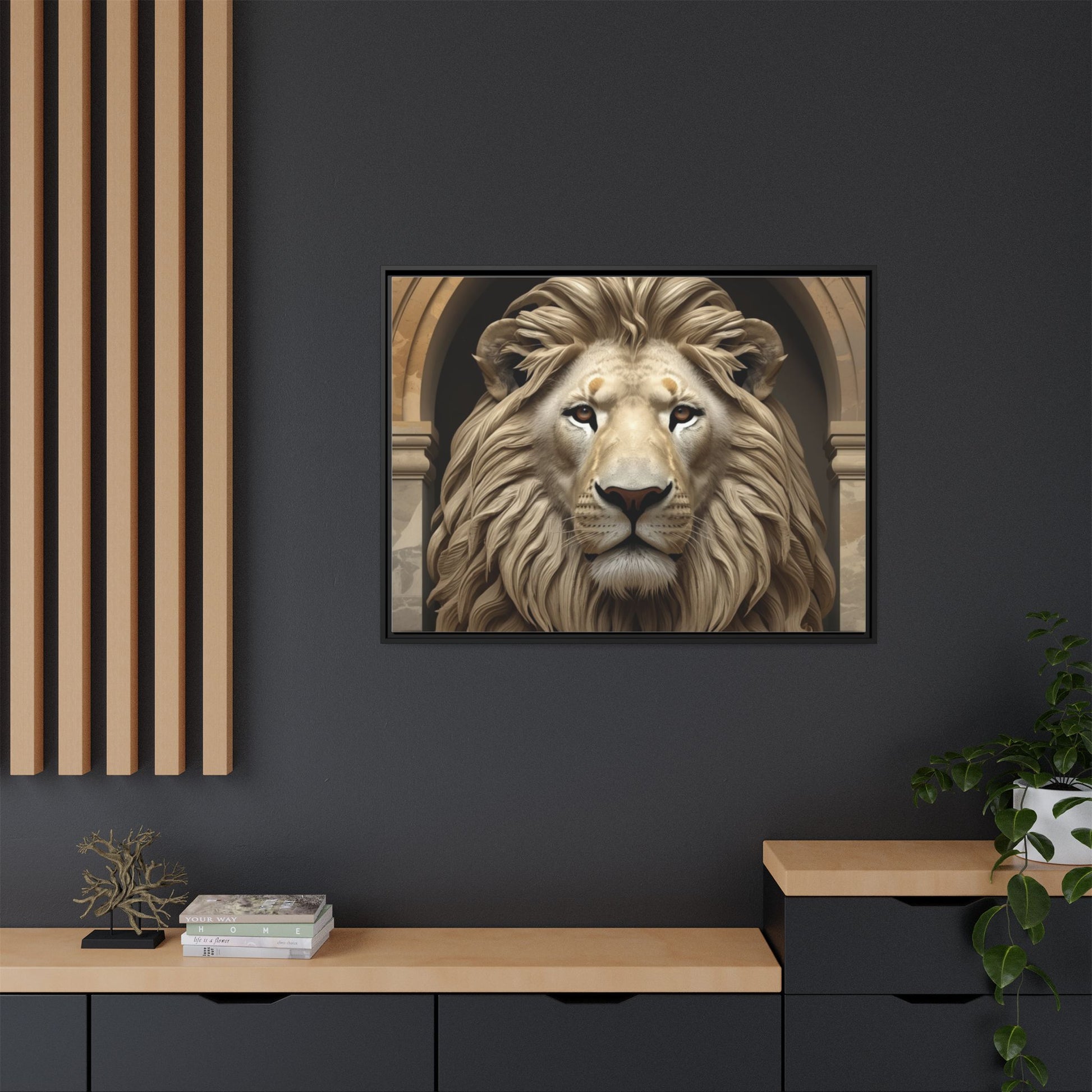 Lion wall art 40x30 framed matte canvas featuring a commanding lion portrait with warm tones and a strong forward gaze in a modern gallery style