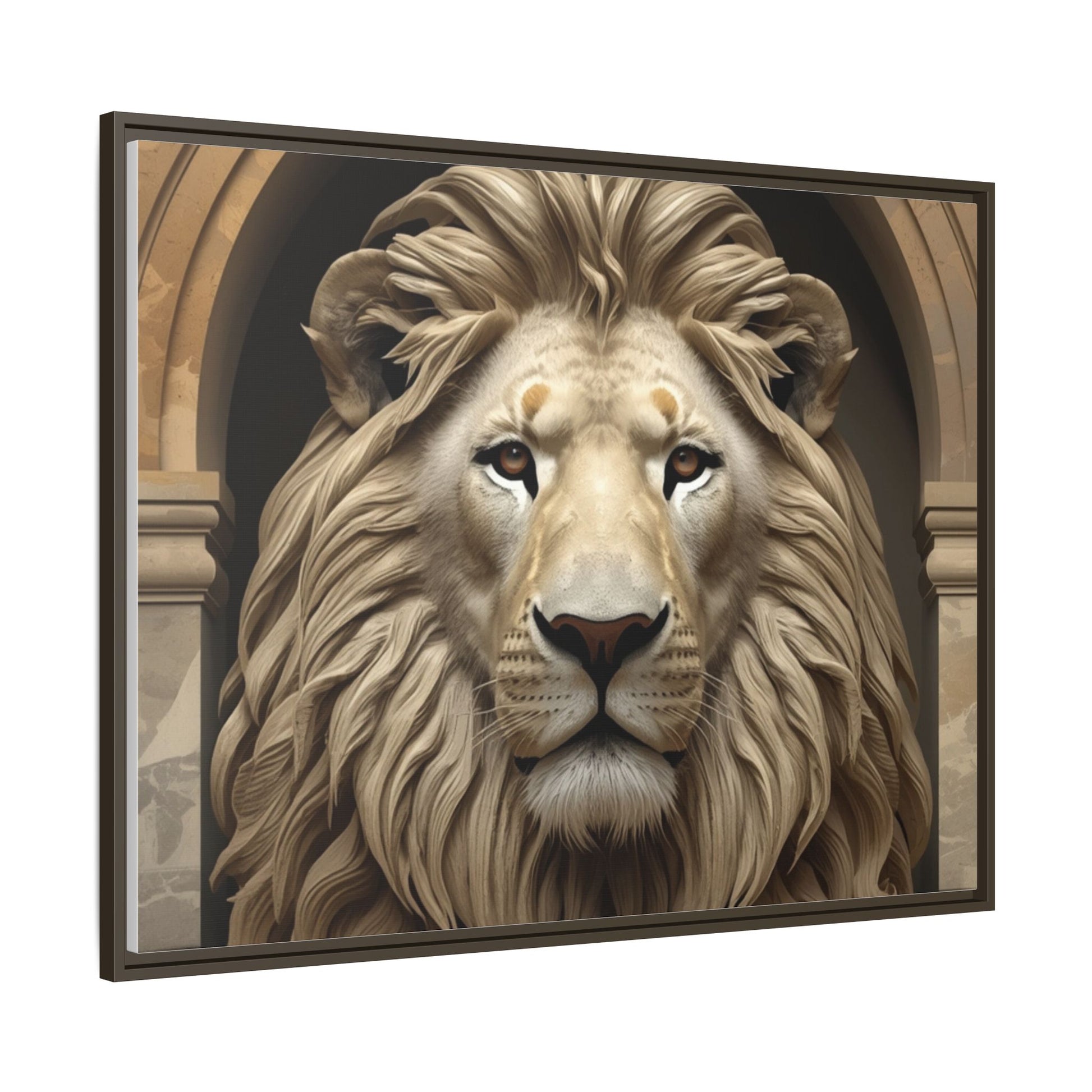 Lion wall art 40x30 framed matte canvas featuring a commanding lion portrait with warm tones and a strong forward gaze in a modern gallery style