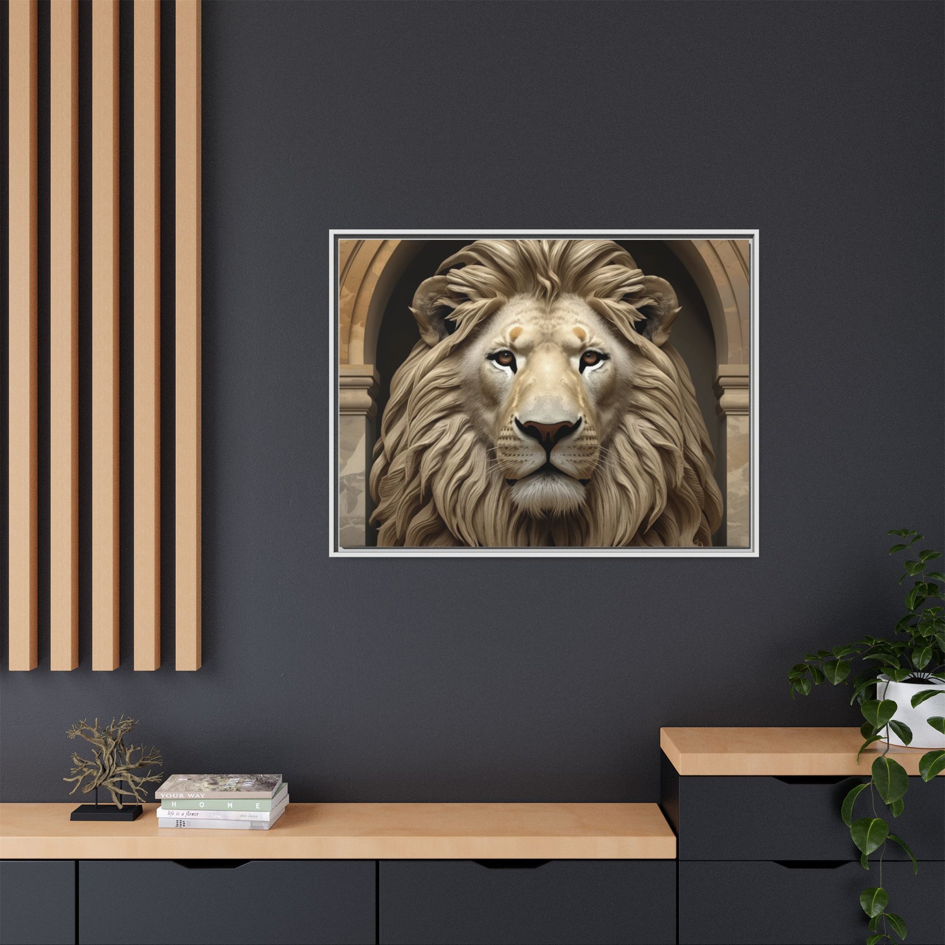 Lion wall art 40x30 framed matte canvas featuring a commanding lion portrait with warm tones and a strong forward gaze in a modern gallery style