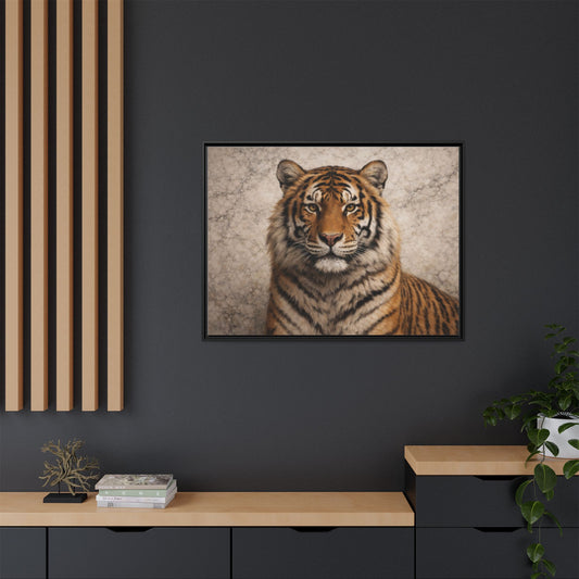 Majestic tiger wall art 40x30 framed matte canvas portrait with black frame