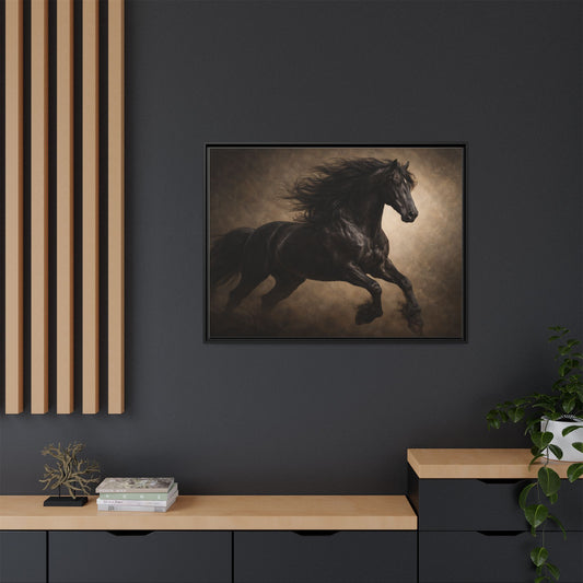 Midnight black horse wall art 40x30 framed matte canvas with dramatic dark background
