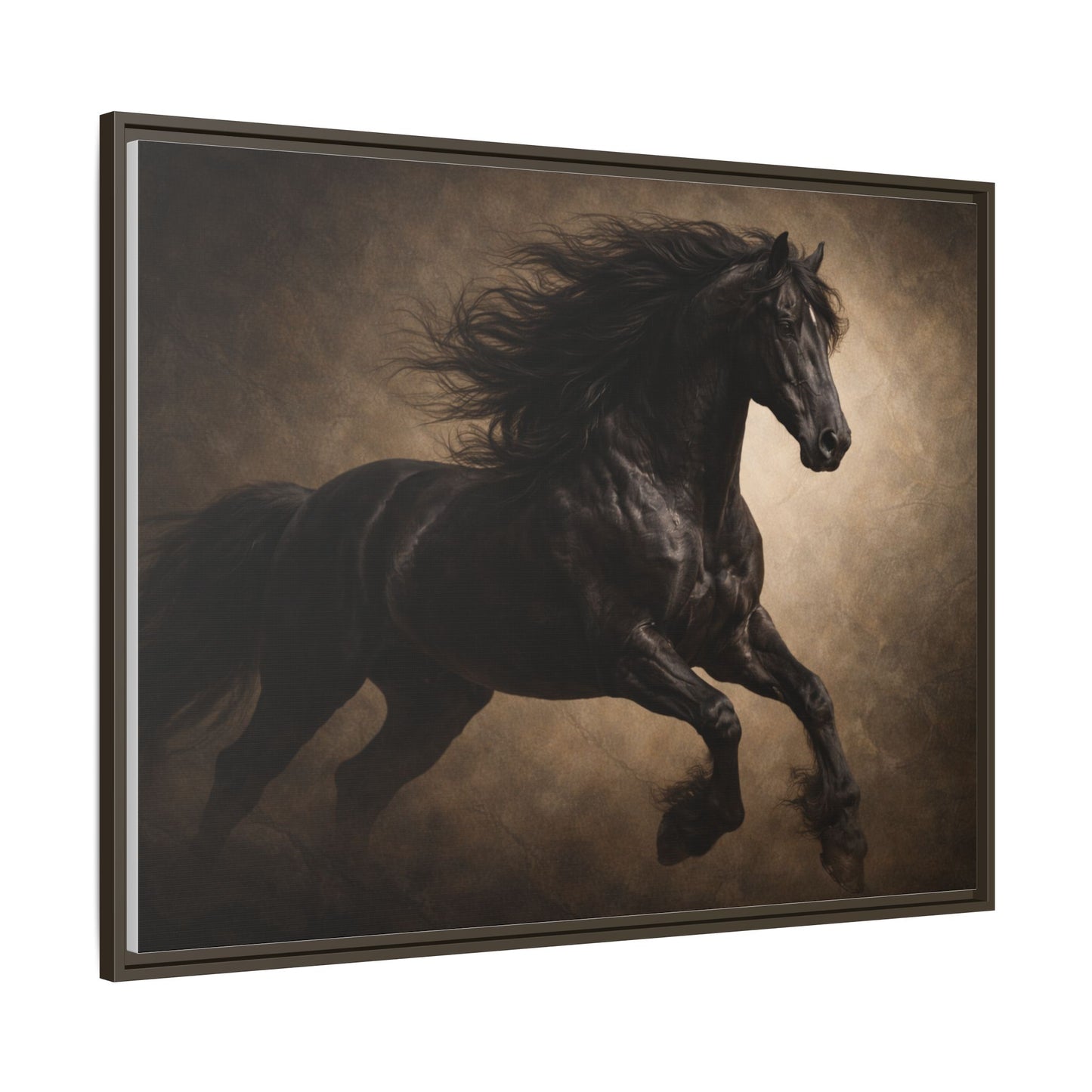 Midnight black horse wall art 40x30 framed matte canvas with dramatic dark background10