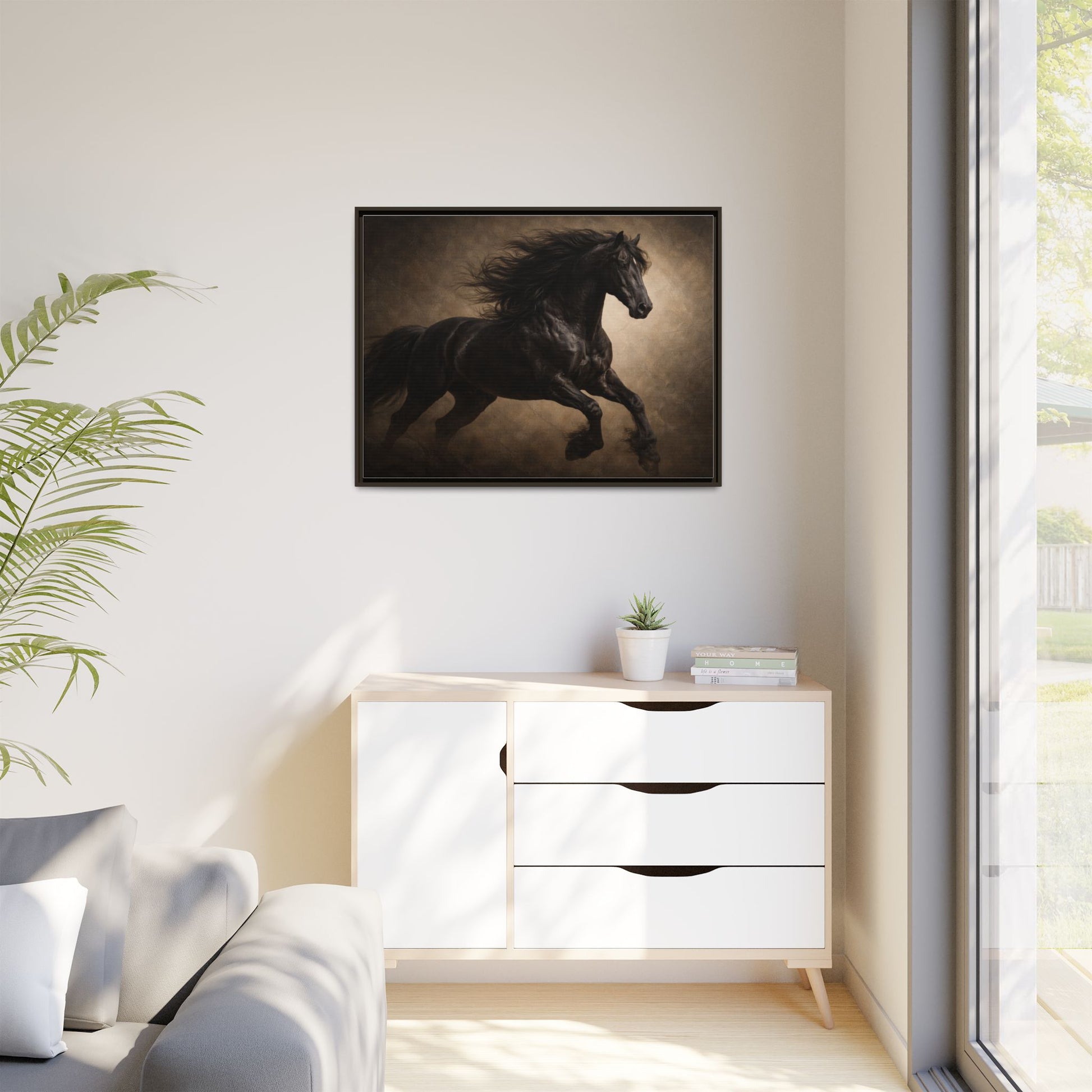 Midnight black horse wall art 40x30 framed matte canvas with dramatic dark background11