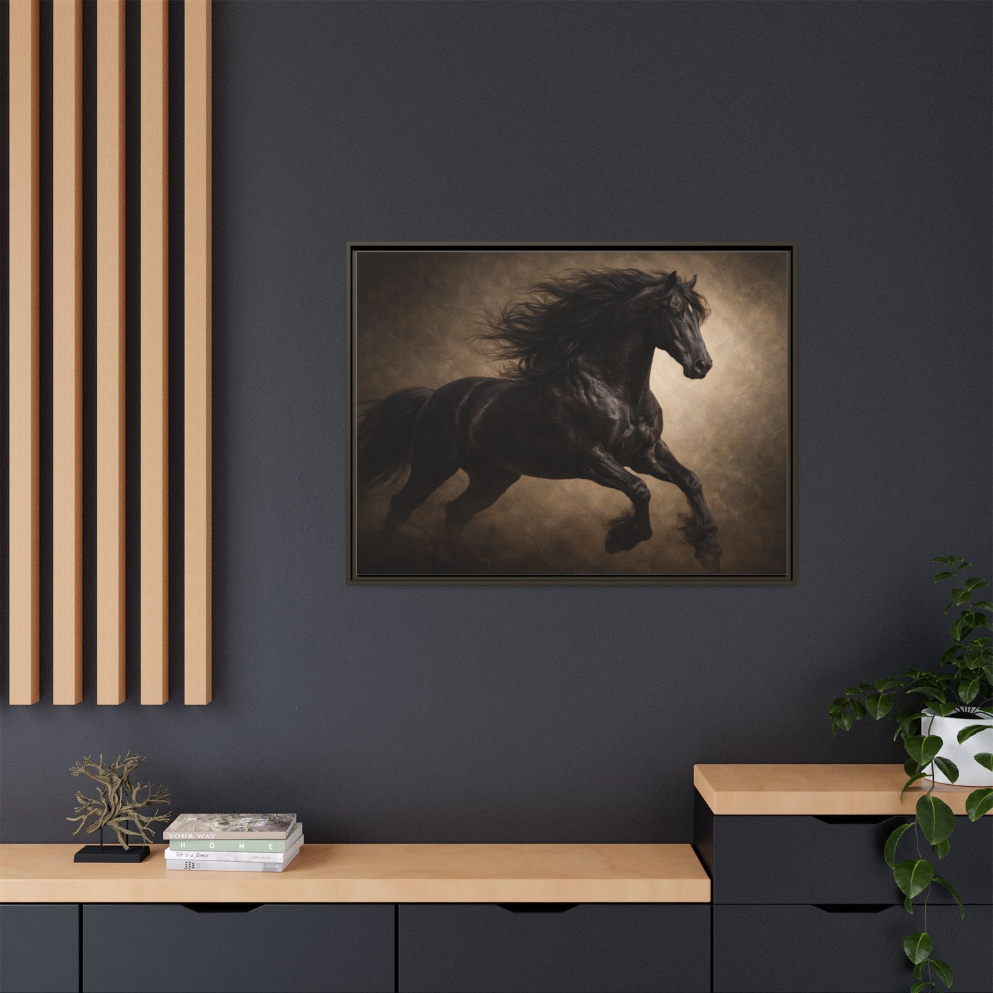 Midnight black horse wall art 40x30 framed matte canvas with dramatic dark background12