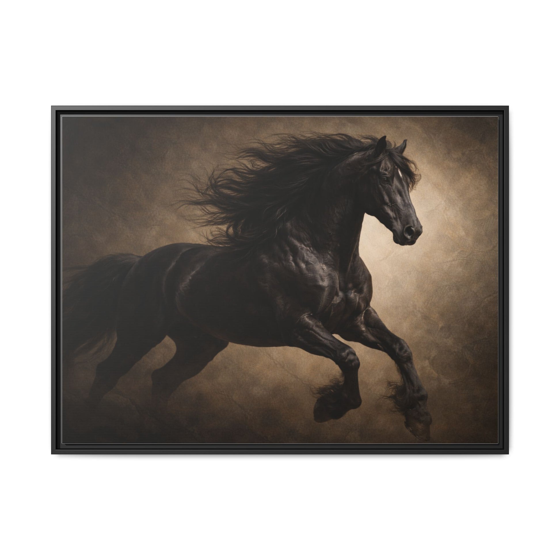 Midnight black horse wall art 40x30 framed matte canvas with dramatic dark background2