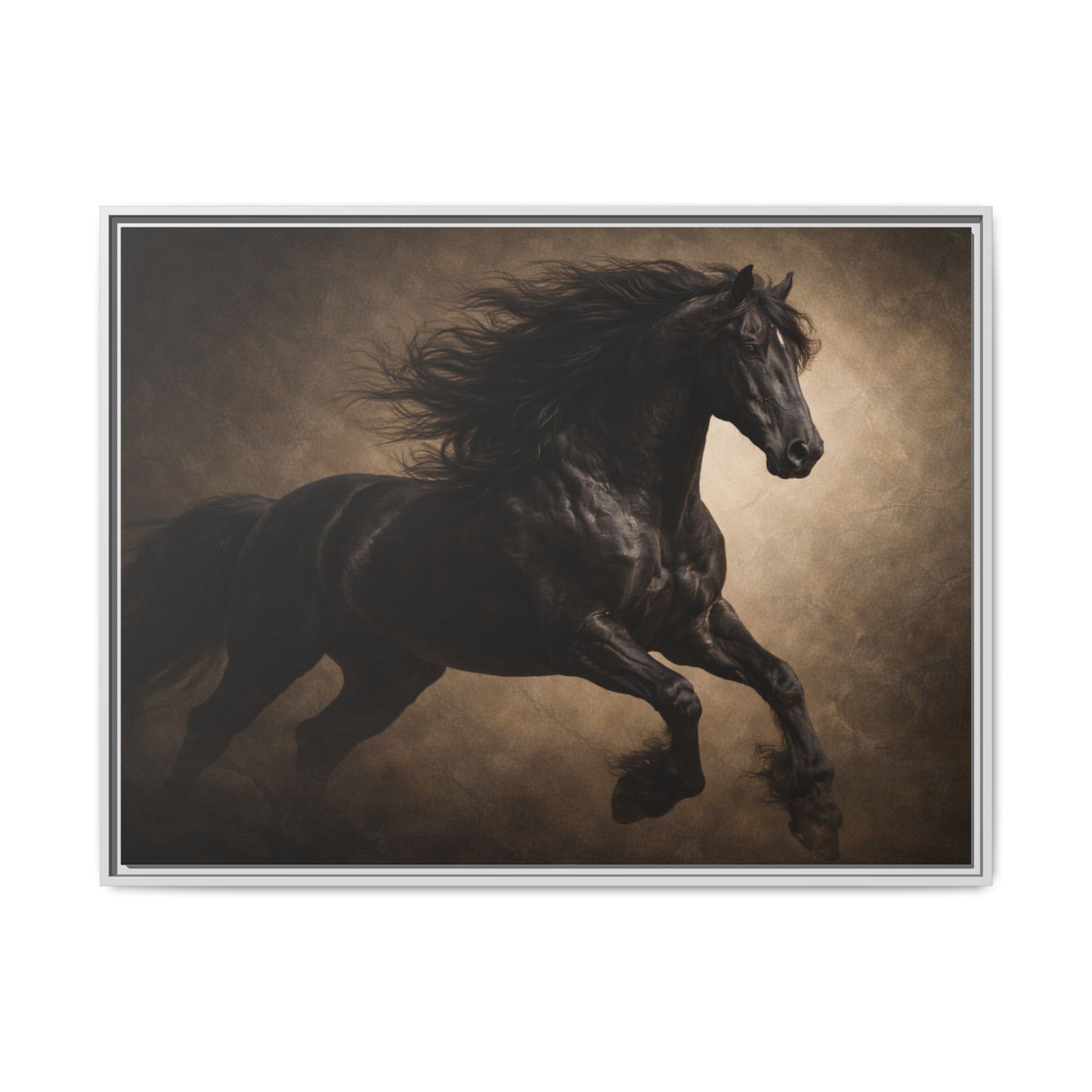 Midnight black horse wall art 40x30 framed matte canvas with dramatic dark background3