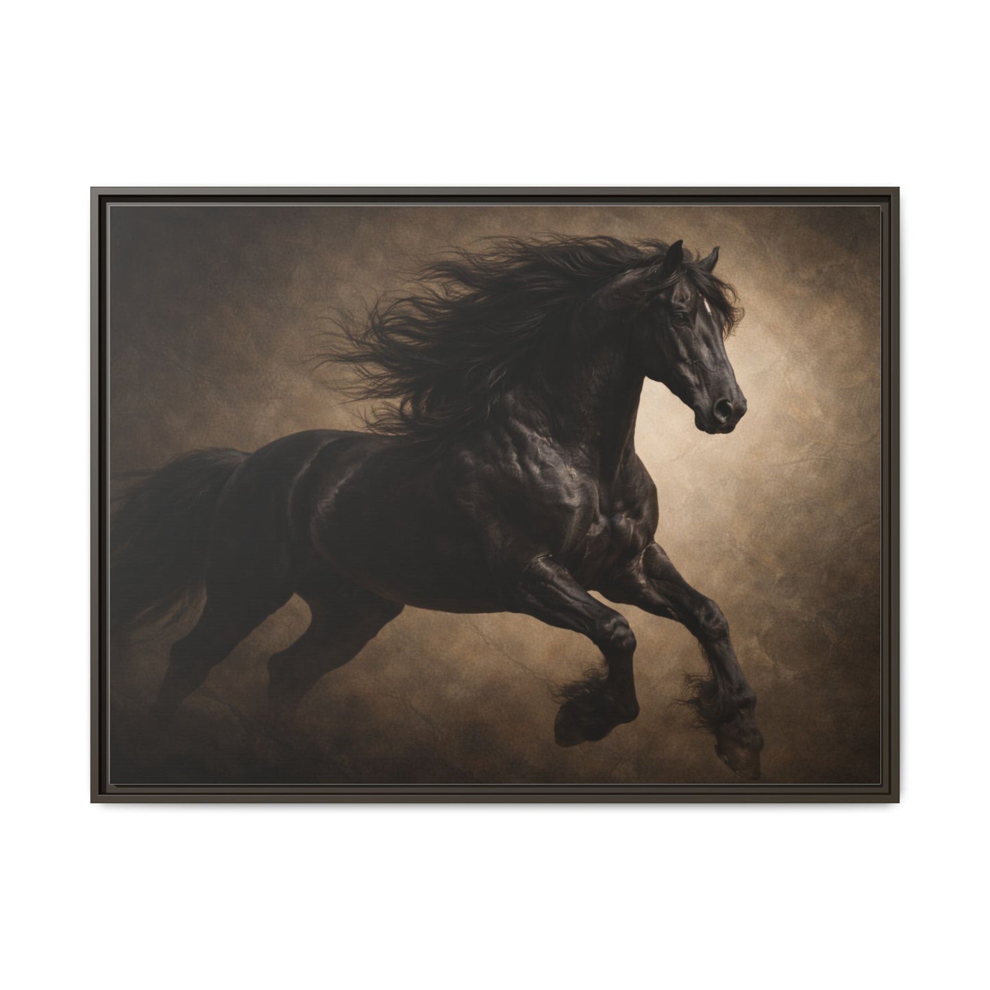Midnight black horse wall art 40x30 framed matte canvas with dramatic dark background4