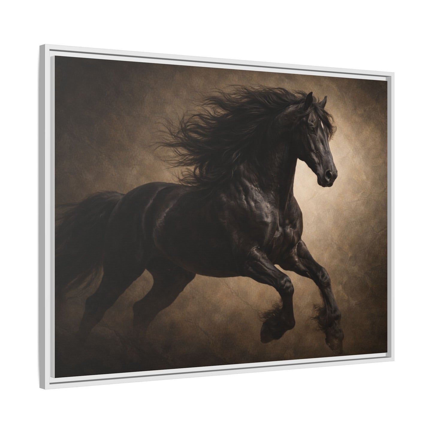 Midnight black horse wall art 40x30 framed matte canvas with dramatic dark background7