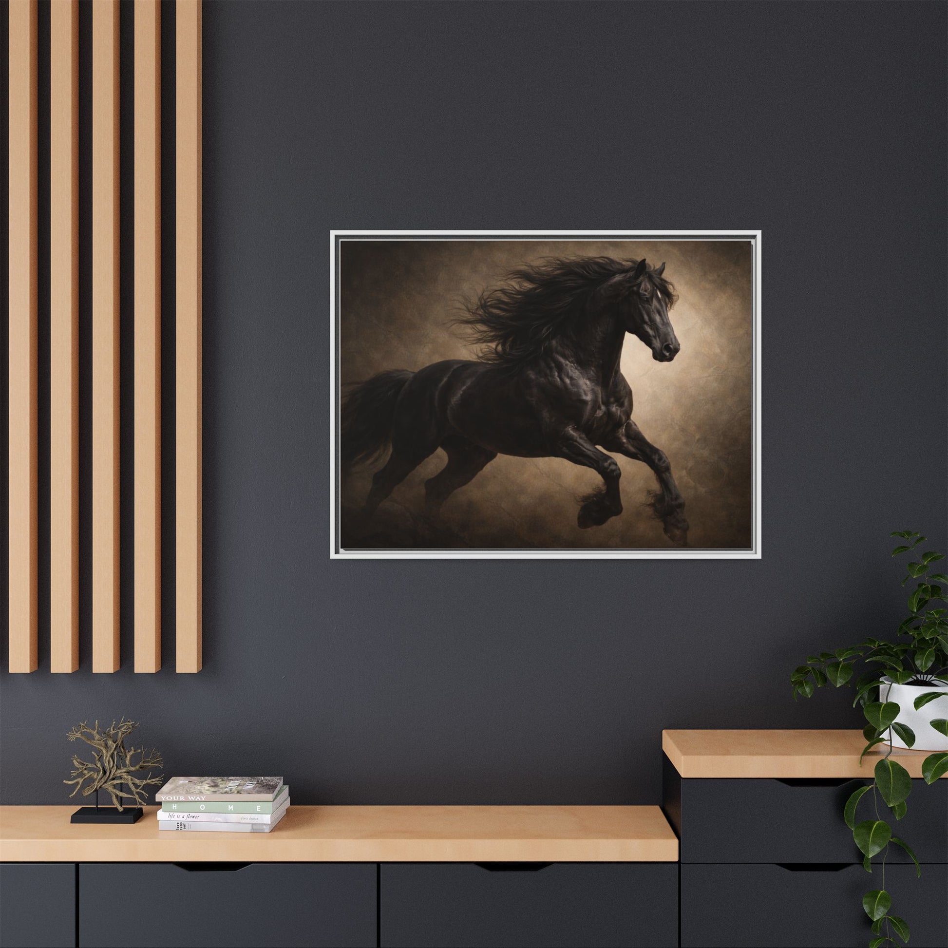 Midnight black horse wall art 40x30 framed matte canvas with dramatic dark background9