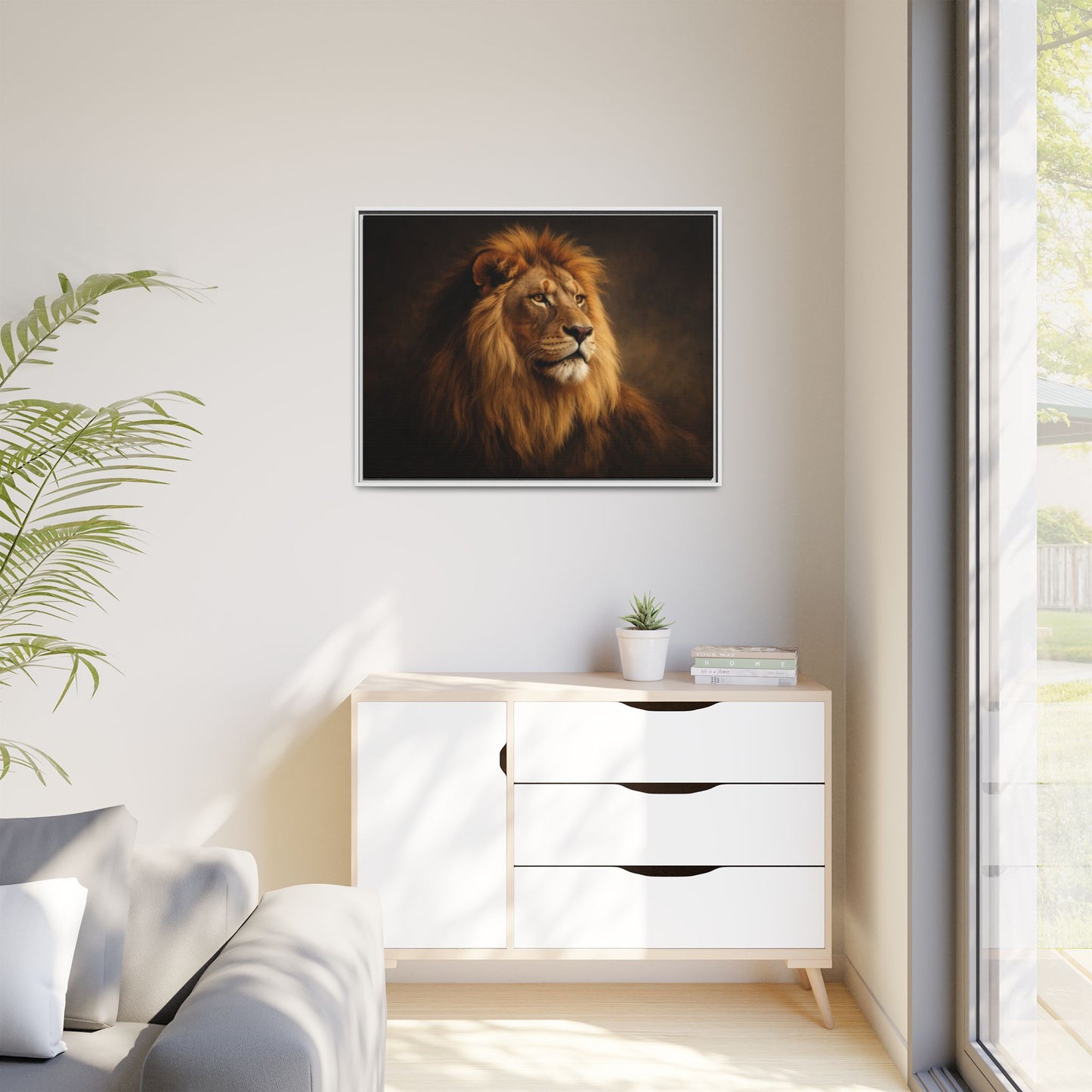 Noir lion wall art 40x30 framed matte canvas with dramatic shadow lighting11