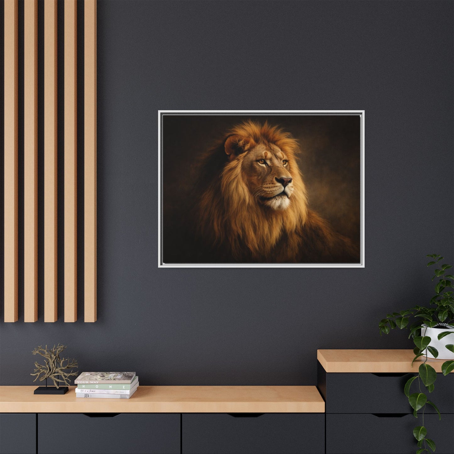 Noir lion wall art 40x30 framed matte canvas with dramatic shadow lighting12
