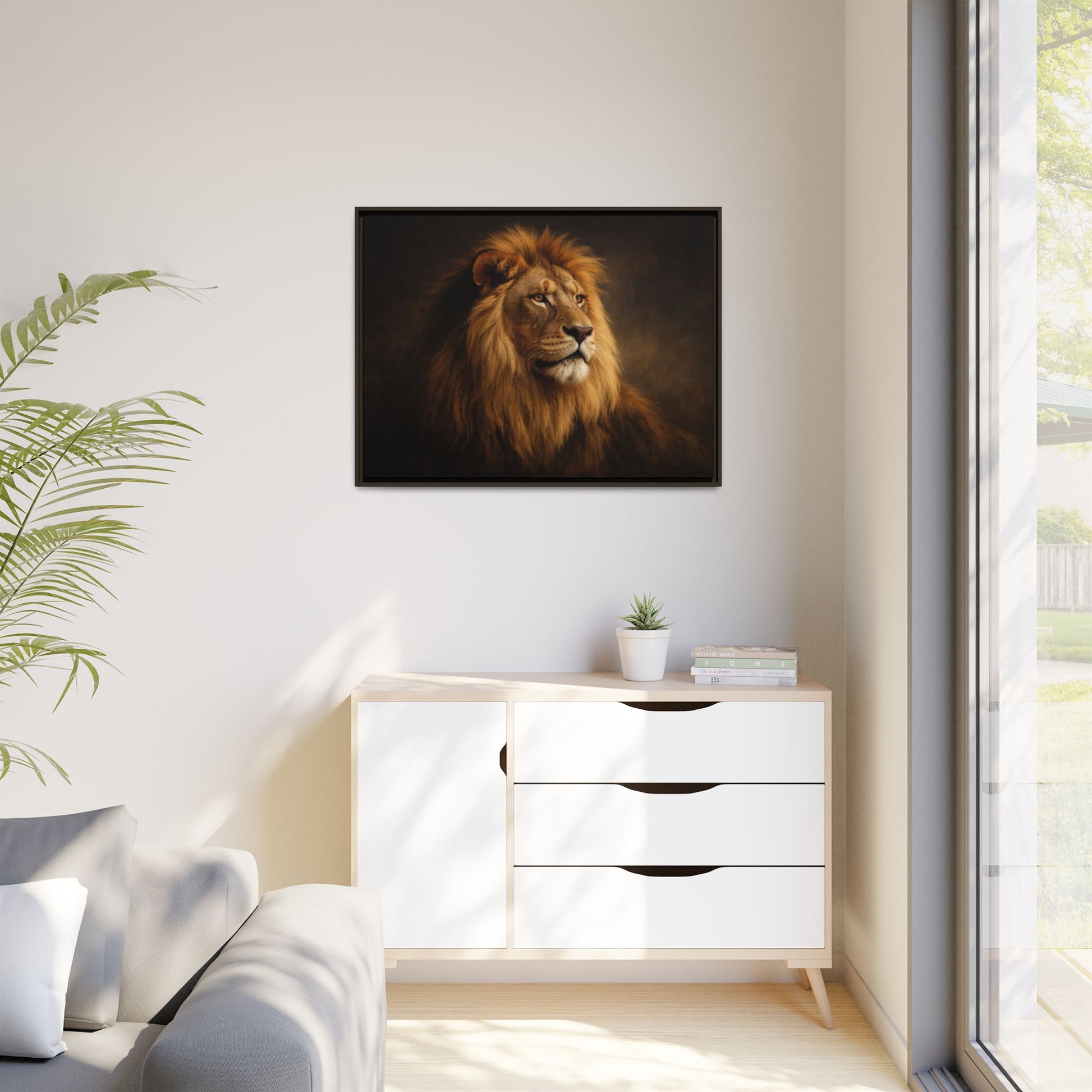 Noir lion wall art 40x30 framed matte canvas with dramatic shadow lighting8