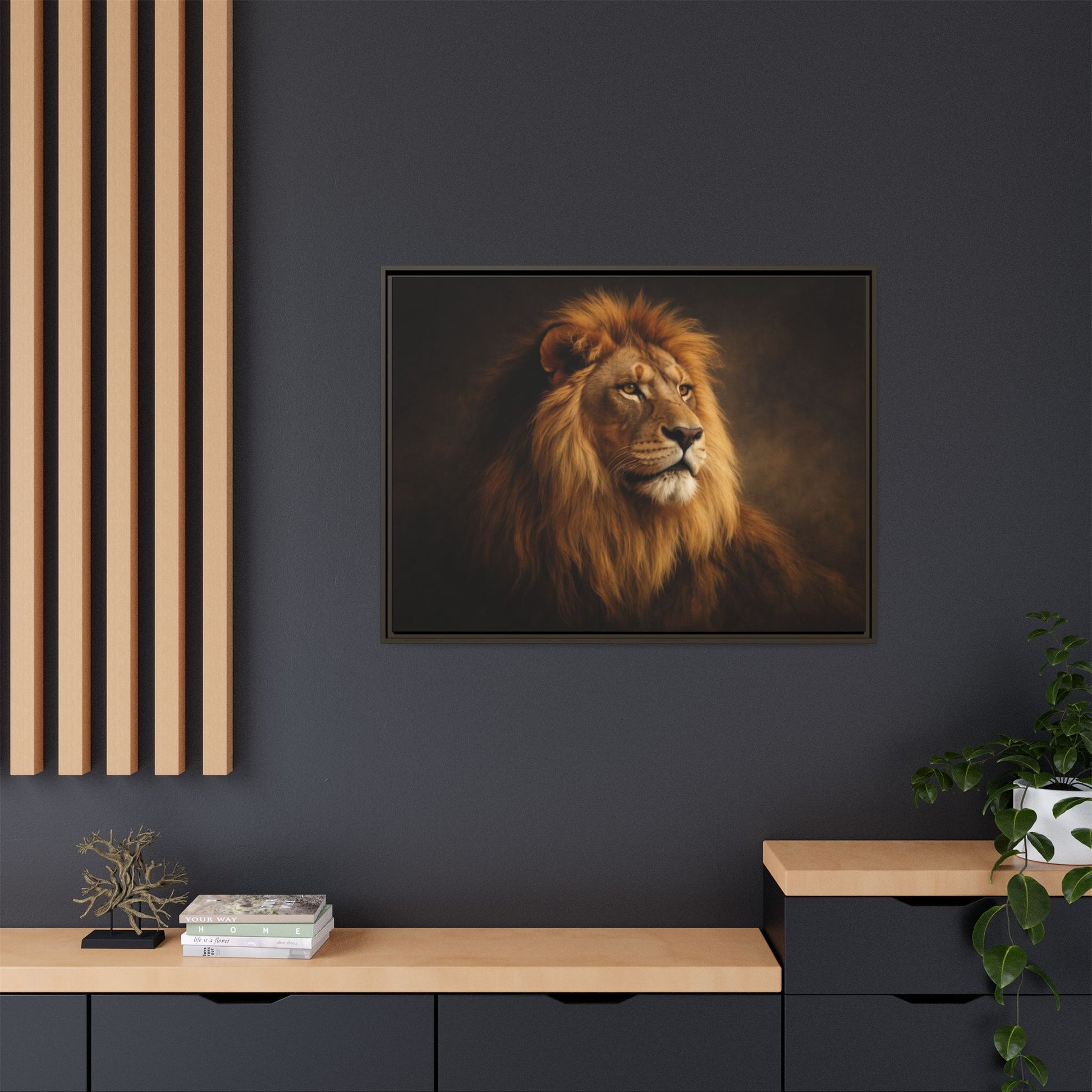 Noir lion wall art 40x30 framed matte canvas with dramatic shadow lighting9