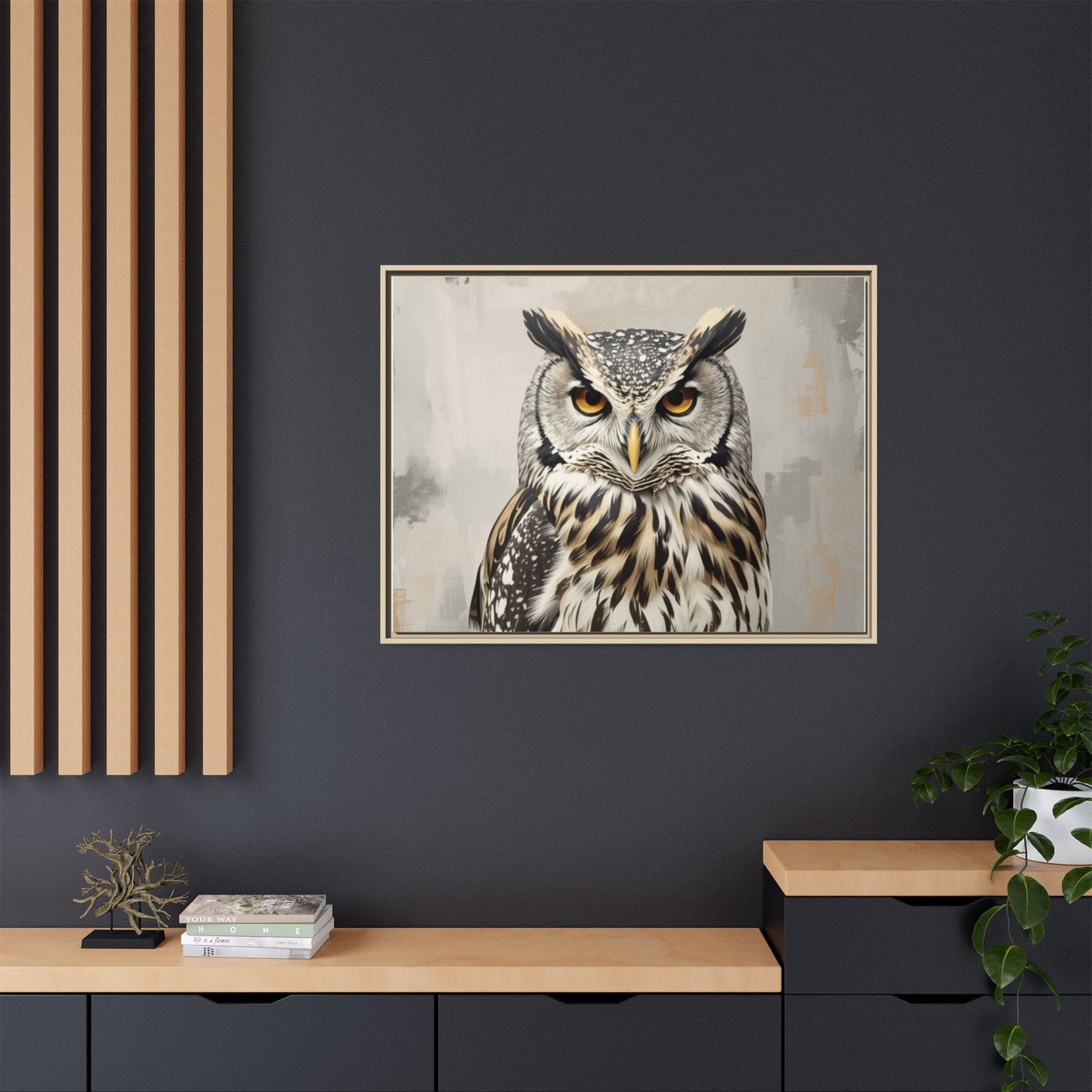 Owl wall art 40x30 framed matte canvas featuring a detailed owl portrait with piercing amber eyes and layered feathers in a neutral background