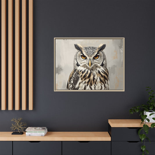 Owl wall art 40x30 framed matte canvas featuring a detailed owl portrait with piercing amber eyes and layered feathers in a neutral background