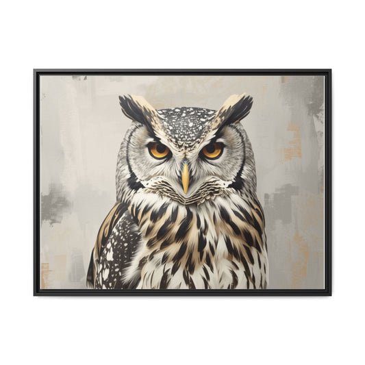Owl wall art 40x30 framed matte canvas featuring a detailed owl portrait with piercing amber eyes and layered feathers in a neutral background