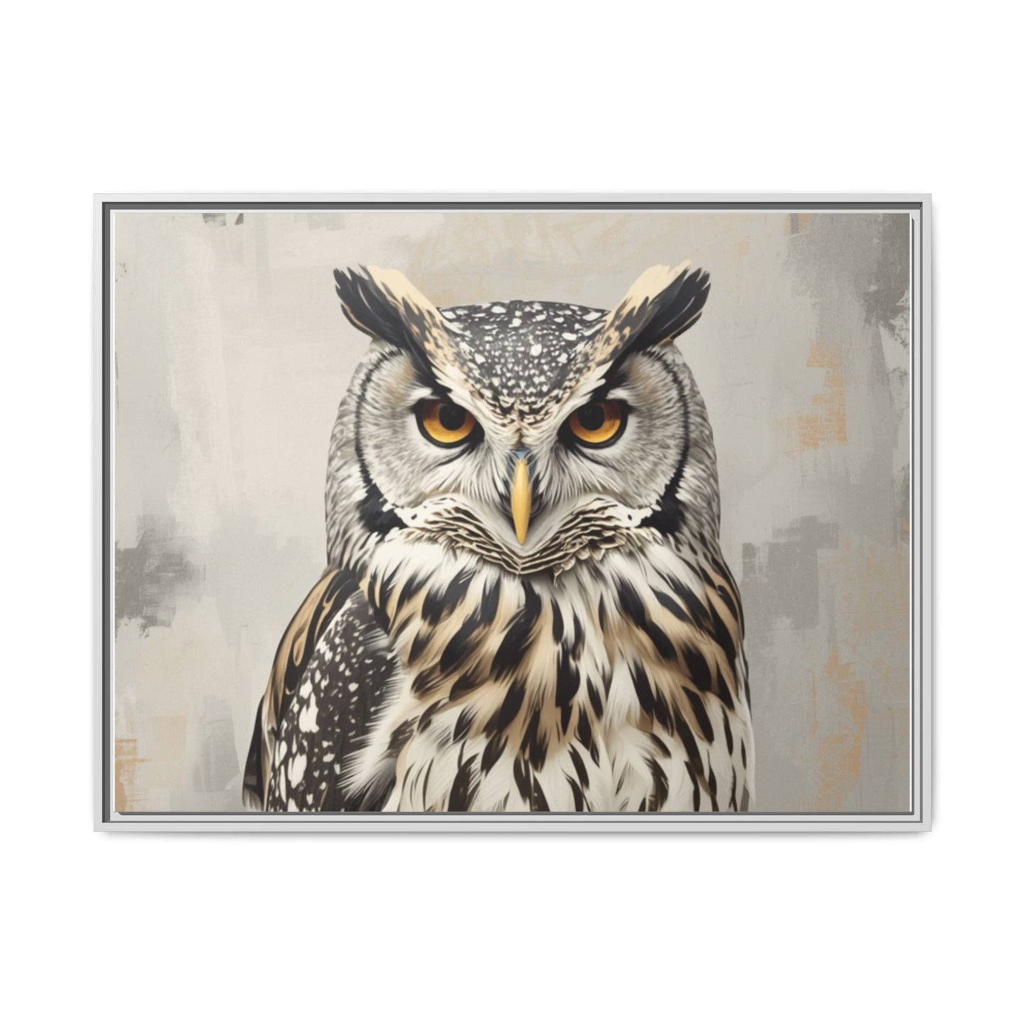 Owl wall art 40x30 framed matte canvas featuring a detailed owl portrait with piercing amber eyes and layered feathers in a neutral background