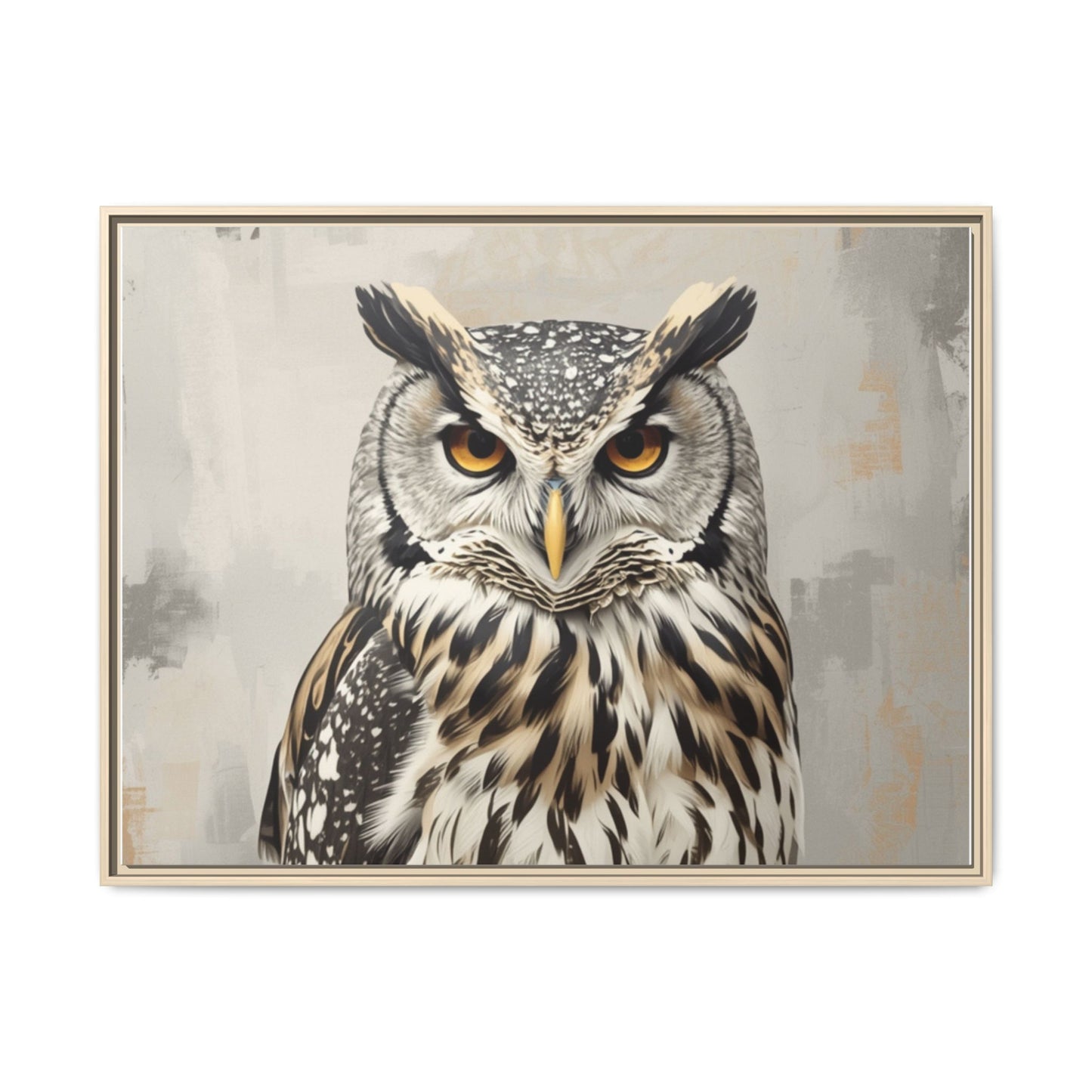 Owl wall art 40x30 framed matte canvas featuring a detailed owl portrait with piercing amber eyes and layered feathers in a neutral background