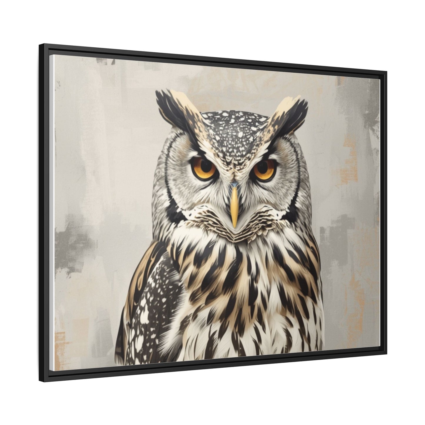 Owl wall art 40x30 framed matte canvas featuring a detailed owl portrait with piercing amber eyes and layered feathers in a neutral background