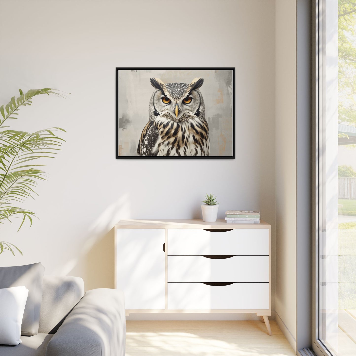 Owl wall art 40x30 framed matte canvas featuring a detailed owl portrait with piercing amber eyes and layered feathers in a neutral background
