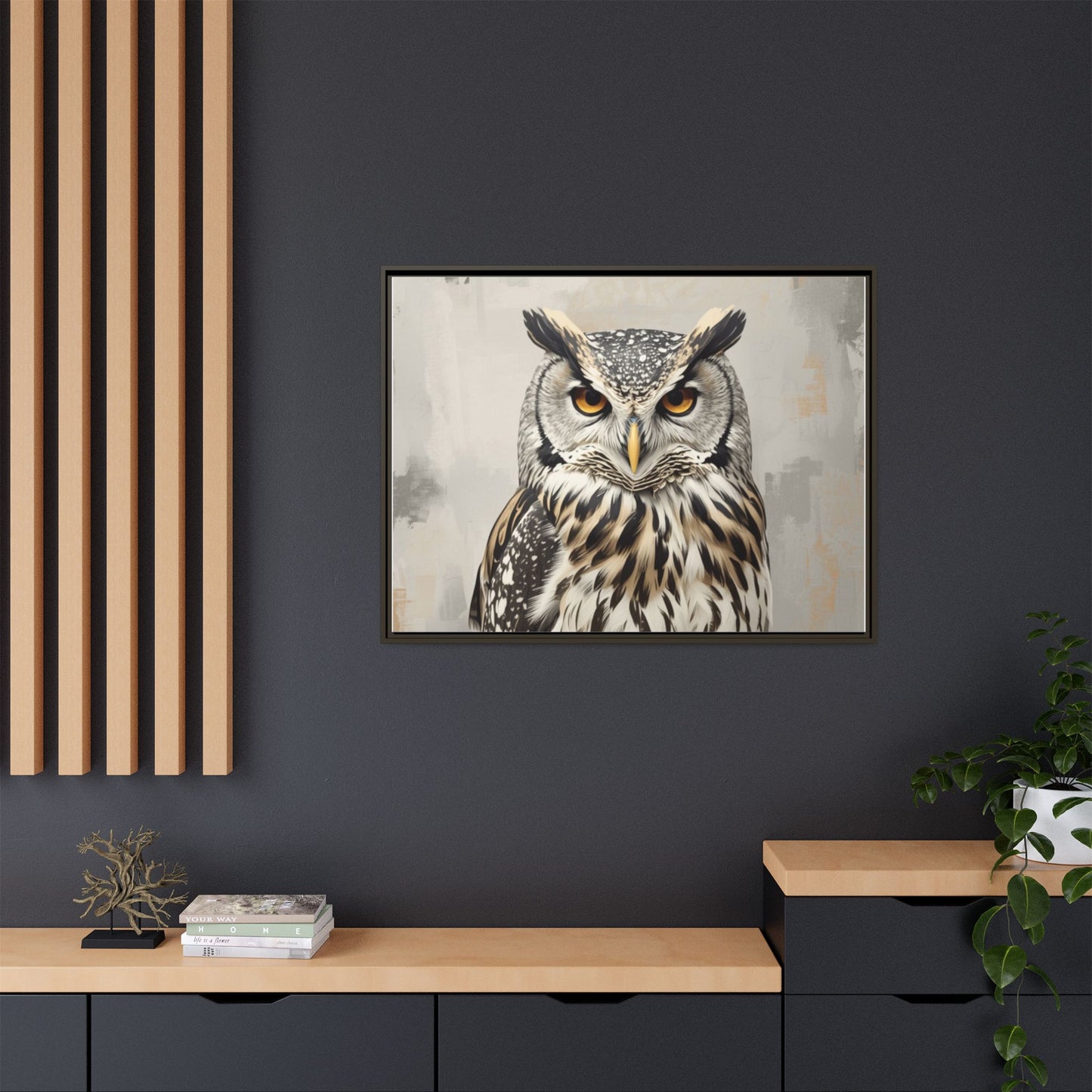 Owl wall art 40x30 framed matte canvas featuring a detailed owl portrait with piercing amber eyes and layered feathers in a neutral background