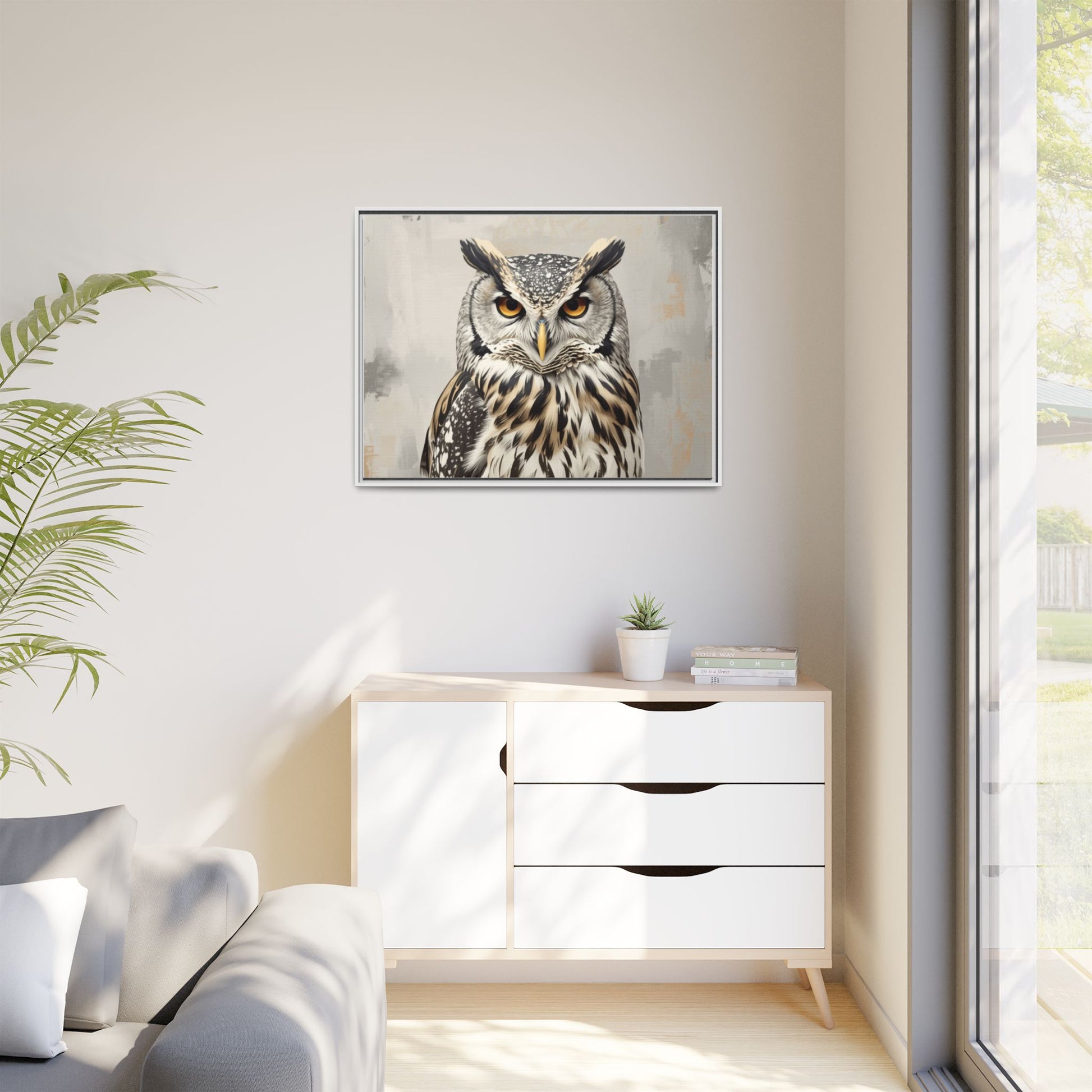 Owl wall art 40x30 framed matte canvas featuring a detailed owl portrait with piercing amber eyes and layered feathers in a neutral background