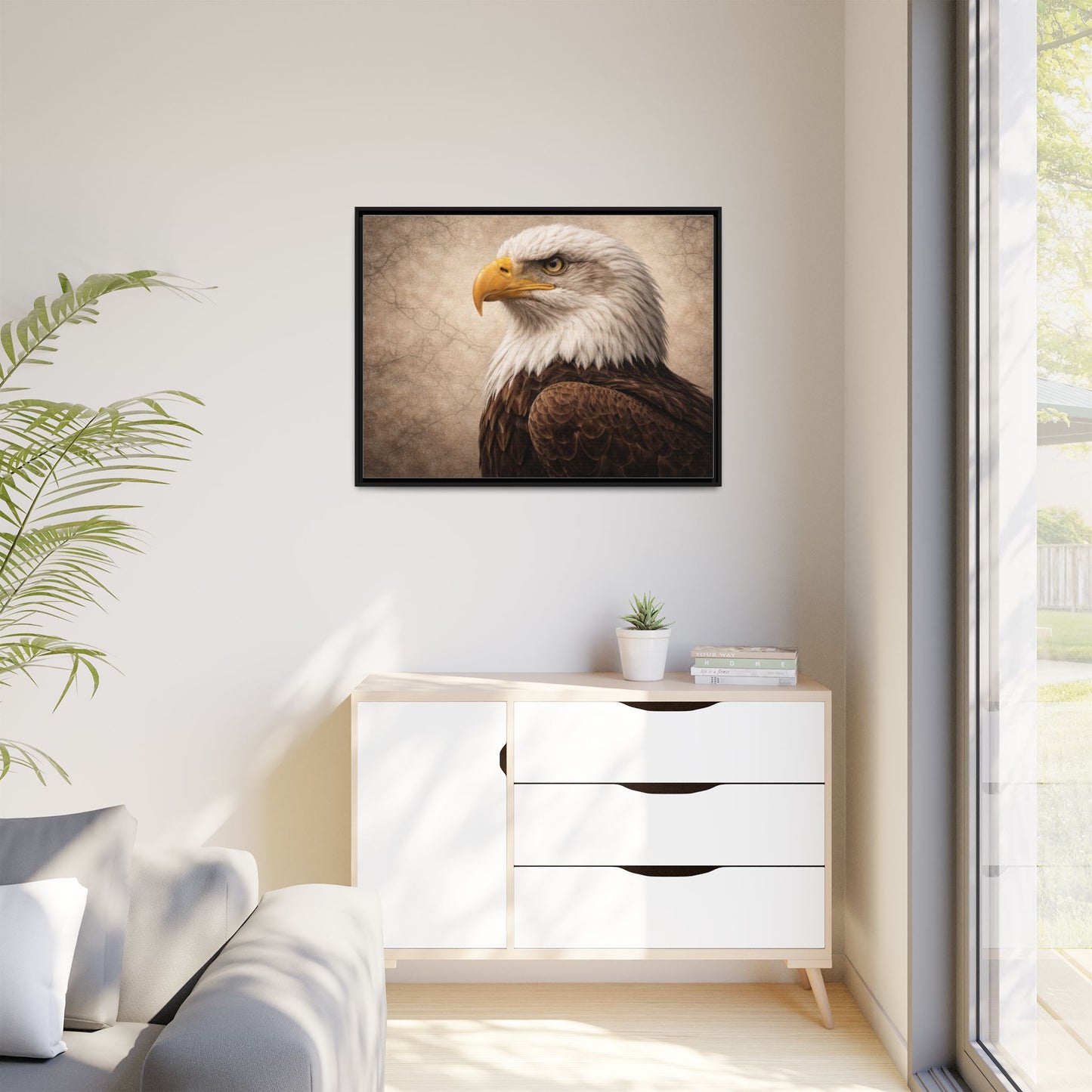 Raven portrait wall art 40x30 framed matte canvas with dark atmospheric background