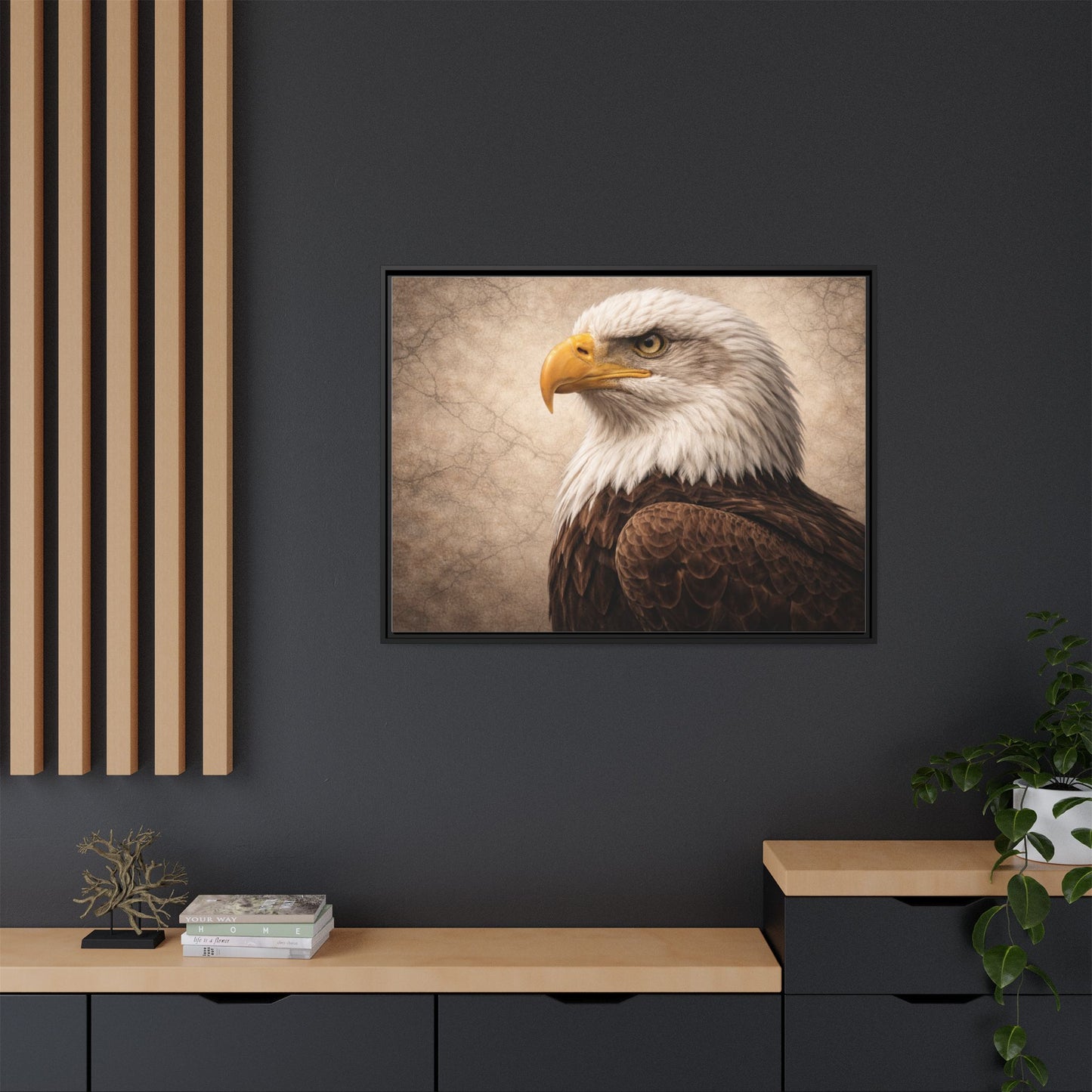 Raven portrait wall art 40x30 framed matte canvas with dark atmospheric background