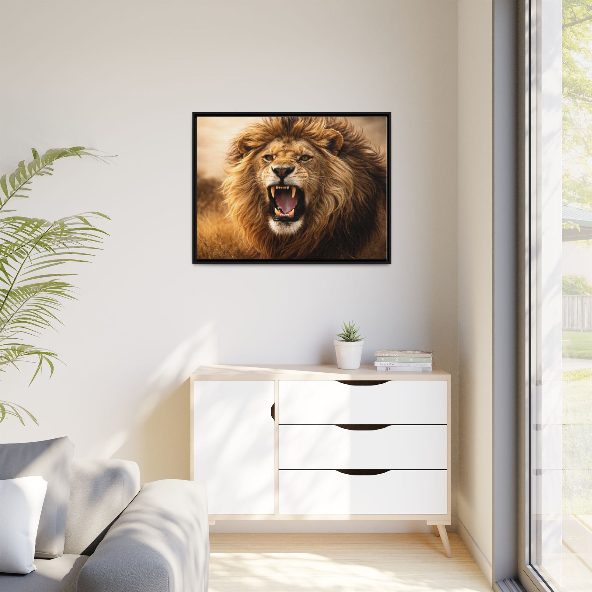 Roaring lion wall art 40x30 framed matte canvas portrait in warm safari tones