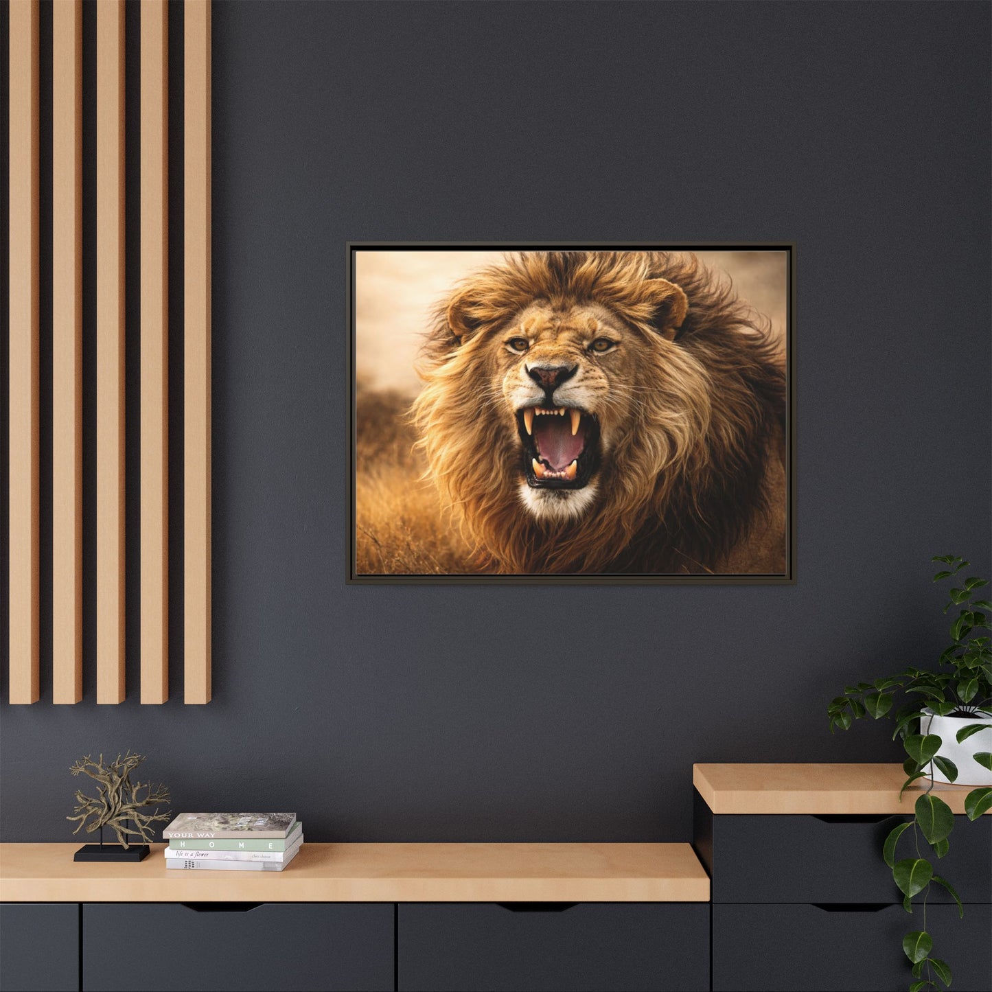 Roaring lion wall art 40x30 framed matte canvas portrait in warm safari tones