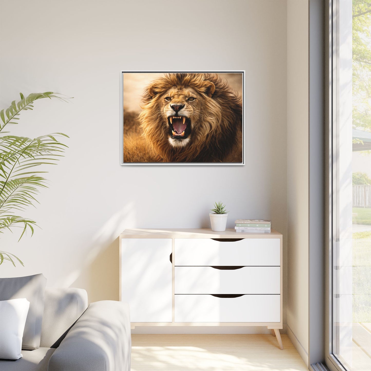 Roaring lion wall art 40x30 framed matte canvas portrait in warm safari tones