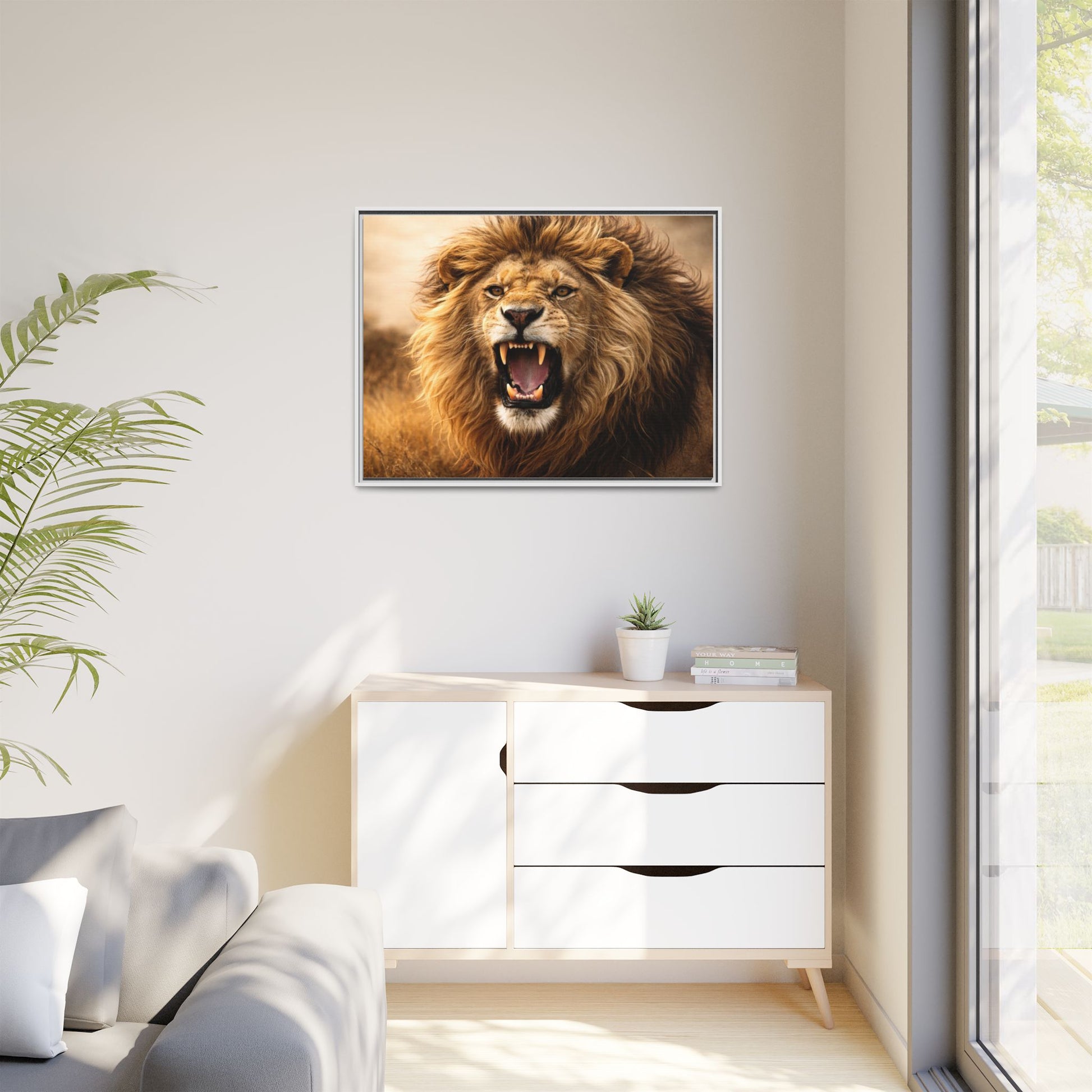 Roaring lion wall art 40x30 framed matte canvas portrait in warm safari tones