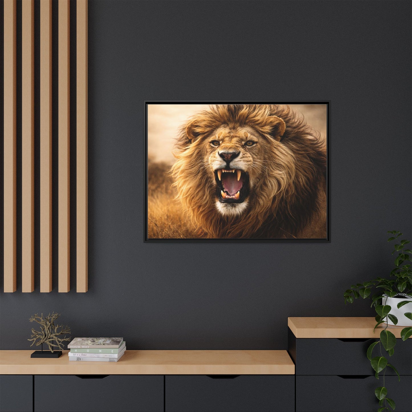 Roaring lion wall art 40x30 framed matte canvas portrait in warm safari tones