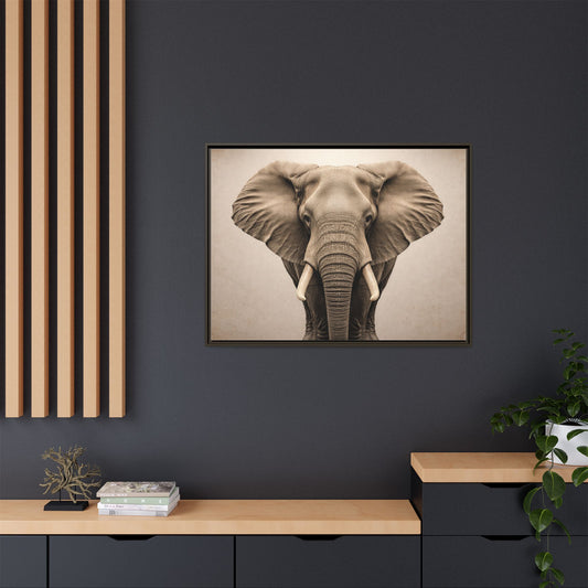 Sepia elephant wall art 40x30 framed matte canvas portrait in black frame