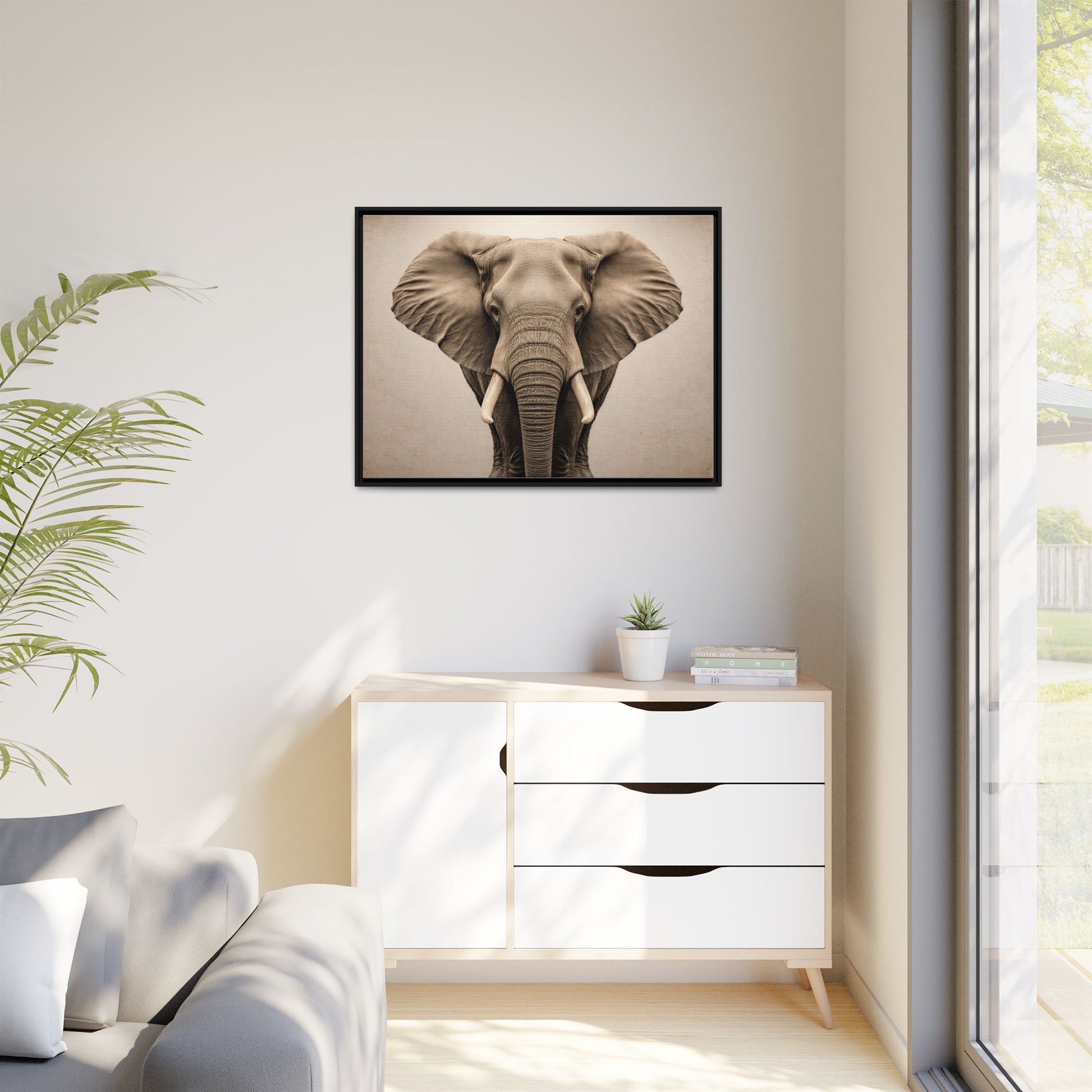 Sepia elephant wall art 40x30 framed matte canvas portrait in black frame6