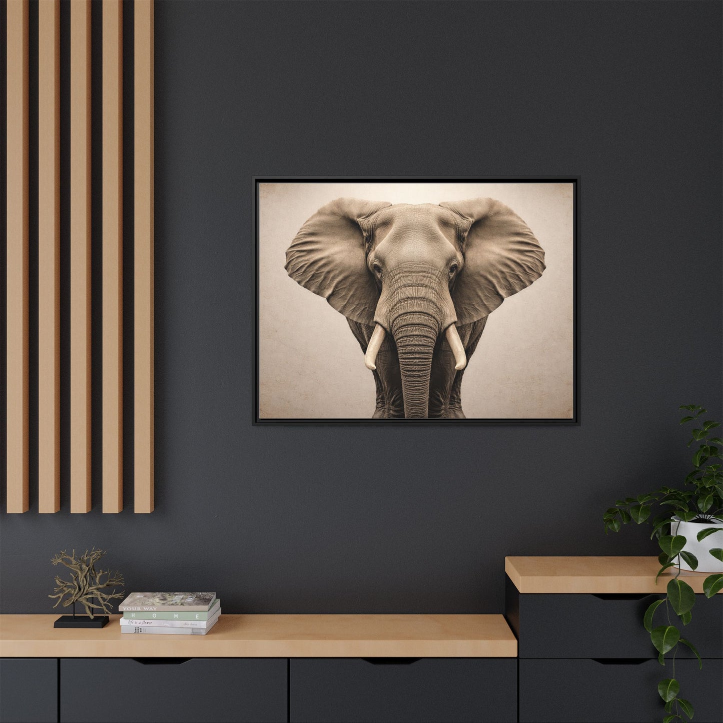 Sepia elephant wall art 40x30 framed matte canvas portrait in black frame7