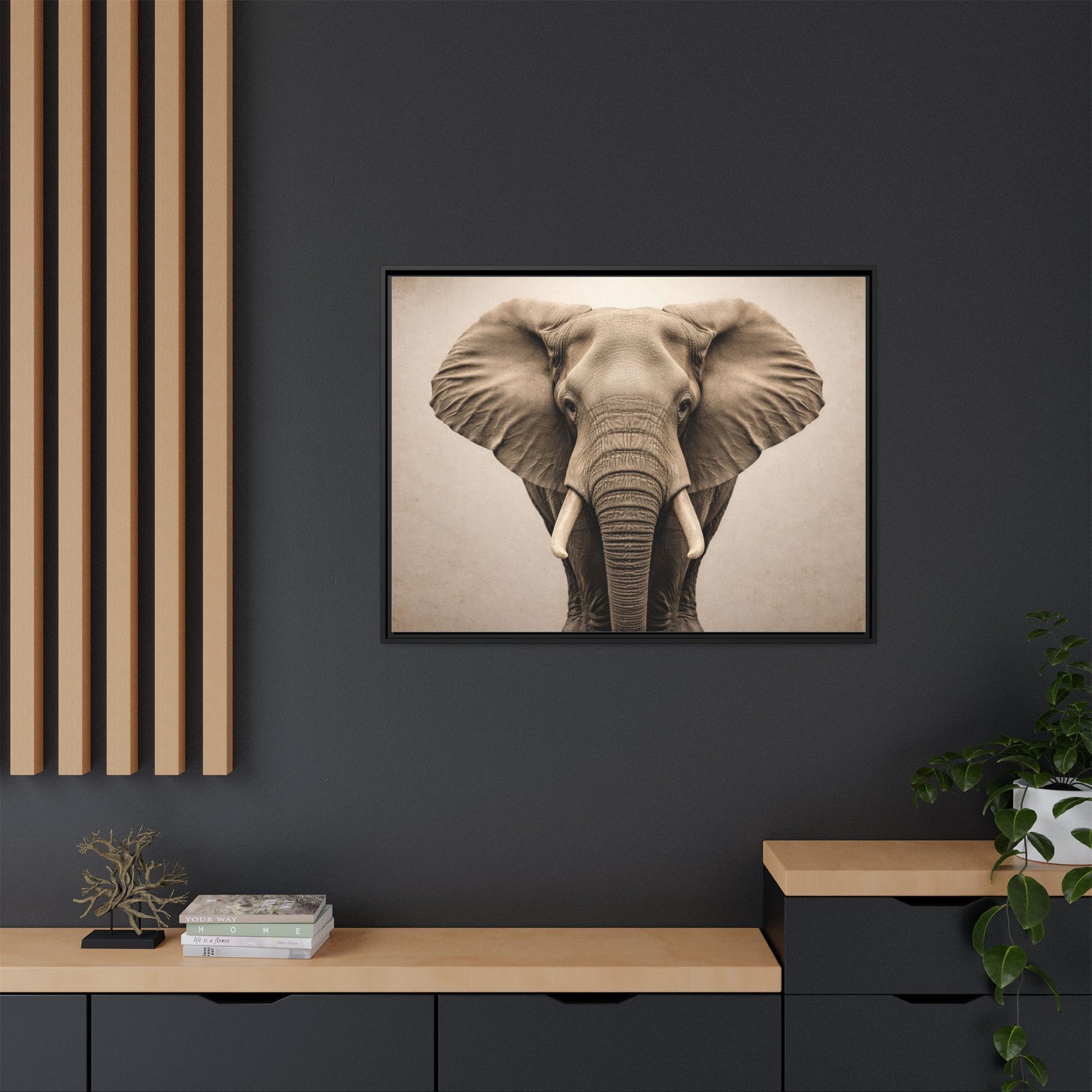 Sepia elephant wall art 40x30 framed matte canvas portrait in black frame7