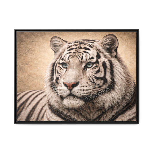 Sepia tiger wall art 40x30 framed matte canvas portrait in black frame