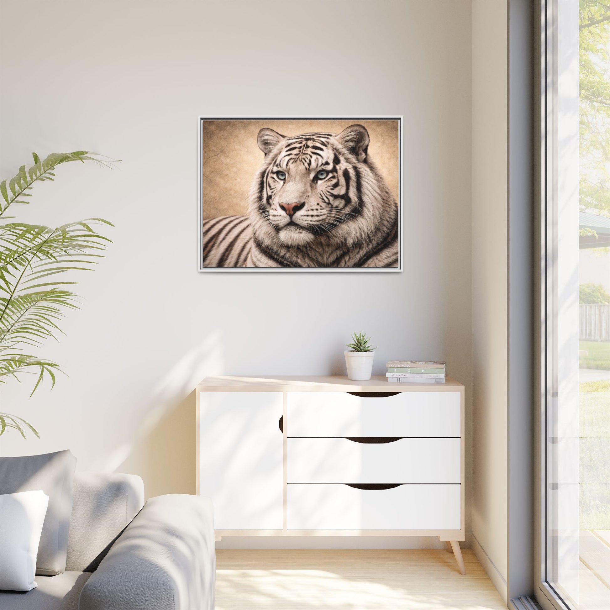 Sepia tiger wall art 40x30 framed matte canvas portrait in black frame11