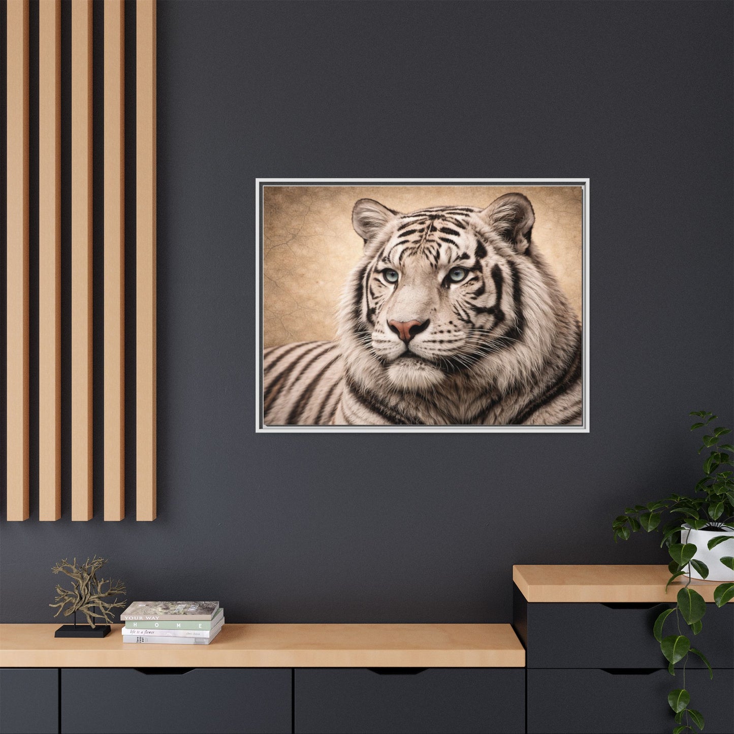 Sepia tiger wall art 40x30 framed matte canvas portrait in black frame12