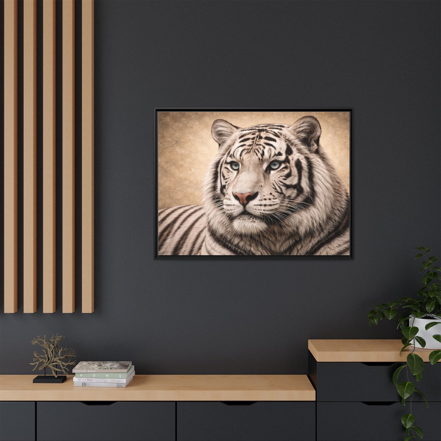 Sepia tiger wall art 40x30 framed matte canvas portrait in black frame6