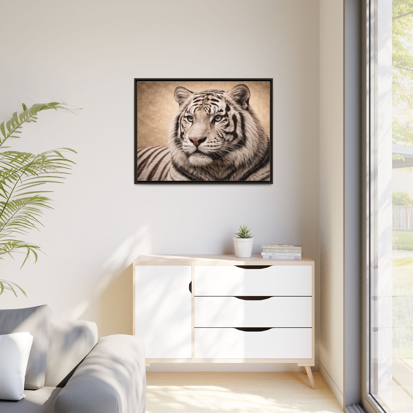 Sepia tiger wall art 40x30 framed matte canvas portrait in black frame8